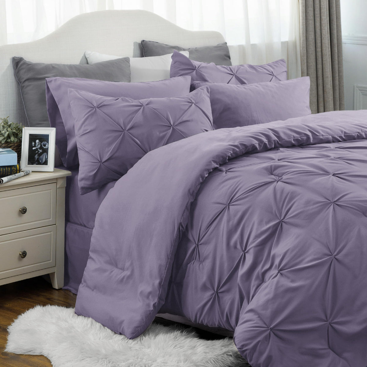 Bedsure Twin Comforter Set With Sheets - 5 Pieces Twin Bedding Sets, Pinch Pleat Grayish Purple Twin Bed In A Bag With Comforter