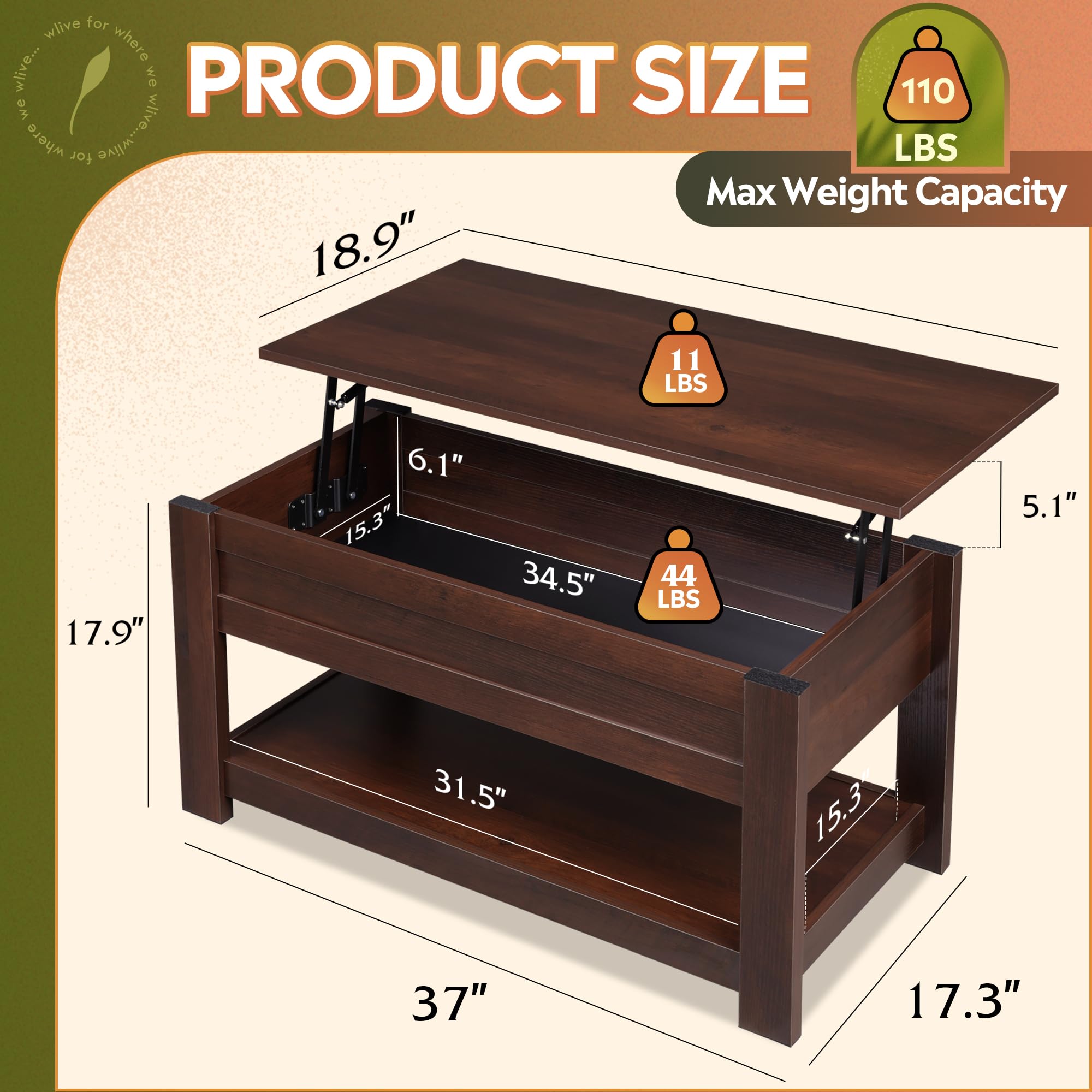 Wlive Coffee Table, 39' Lift Top Coffee Table With Hidden Compartment And Storage Shelf For Living Room, Red-Brown