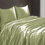 Homiest 4Pcs Satin Sheets Set Luxury Silky Satin Bedding Set With Deep Pocket, 1 Fitted Sheet + 1 Flat Sheet + 2 Pillowcases (Queen Size, Sage Green)