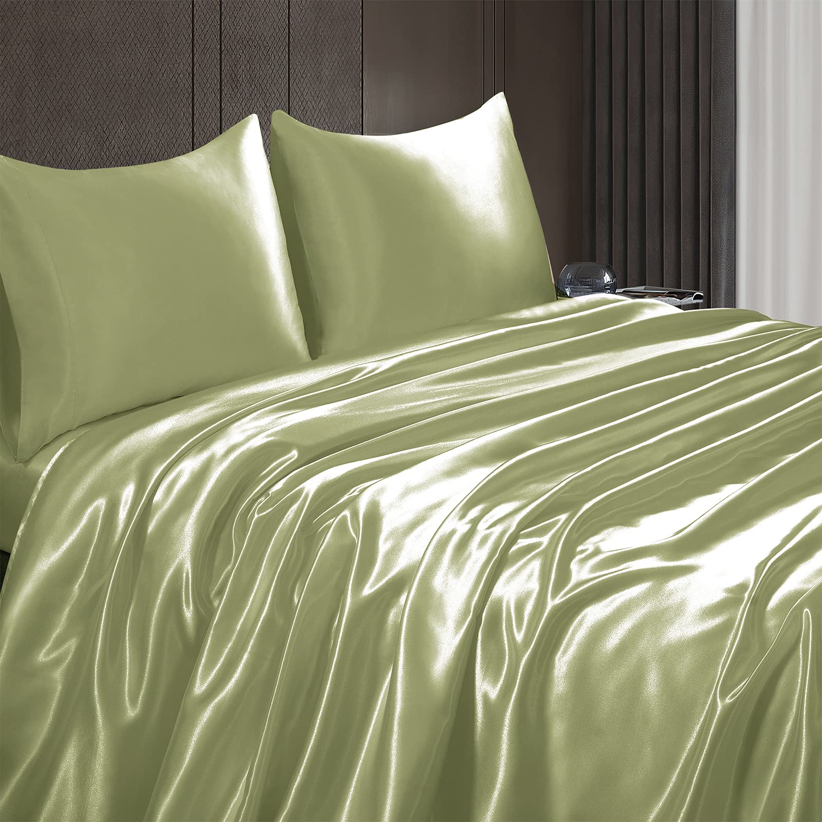Homiest 4Pcs Satin Sheets Set Luxury Silky Satin Bedding Set With Deep Pocket, 1 Fitted Sheet + 1 Flat Sheet + 2 Pillowcases (Queen Size, Sage Green)