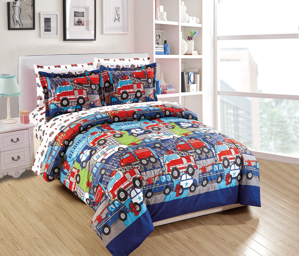 Fancy Linen Boys Comforter Set Police Car Fire Truck Ambulance Heroes Blue Red Green Grey White New # Heroes (Queen Comforter)