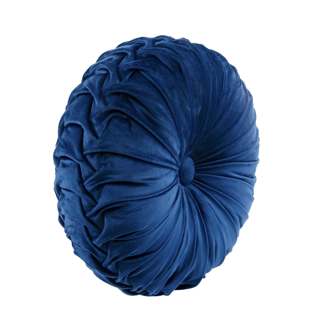 Lush Decor Round Pleated Soft Velvet Decorative Throw Pillow, 1 Count, 15'' Diameter, Navy - Blue Plush Round Pillow, Seat Cushi