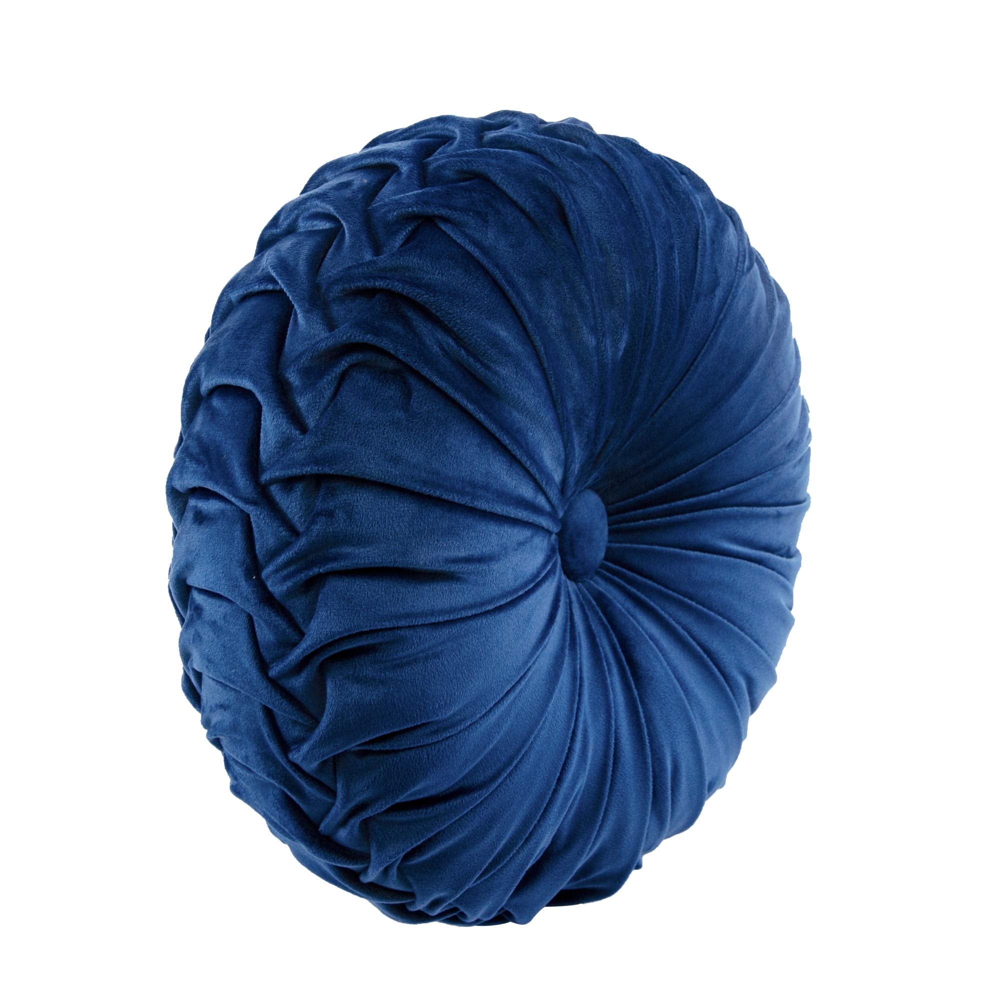 Lush Decor Round Pleated Soft Velvet Decorative Throw Pillow, 1 Count, 15'' Diameter, Navy - Blue Plush Round Pillow, Seat Cushi