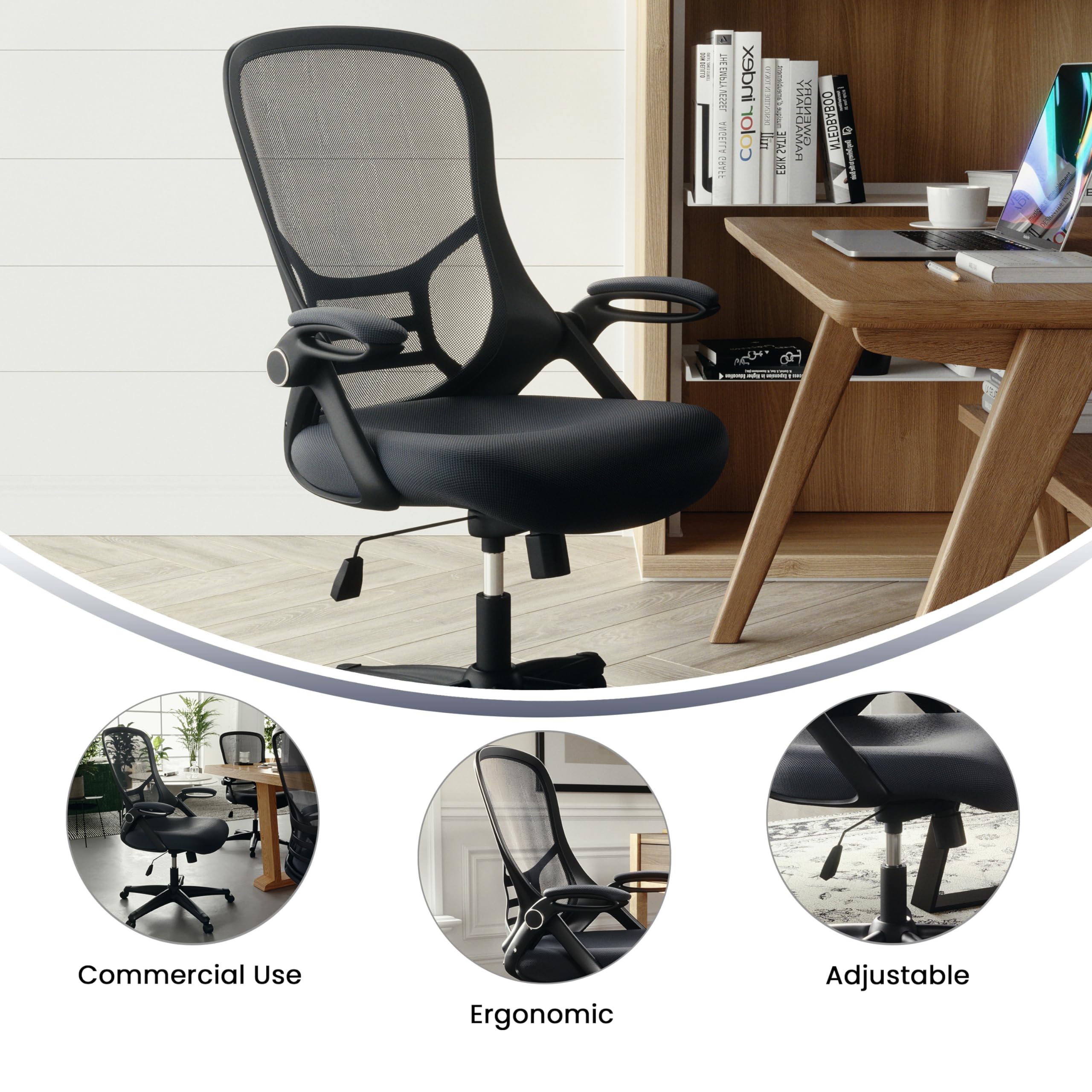 Flash Furniture Porter High-Back Swivel Office Chair with Adjustable Lumbar Support and Seat Height, Ergonomic Mesh Desk Chair with Flip-Up Armrests, Black
