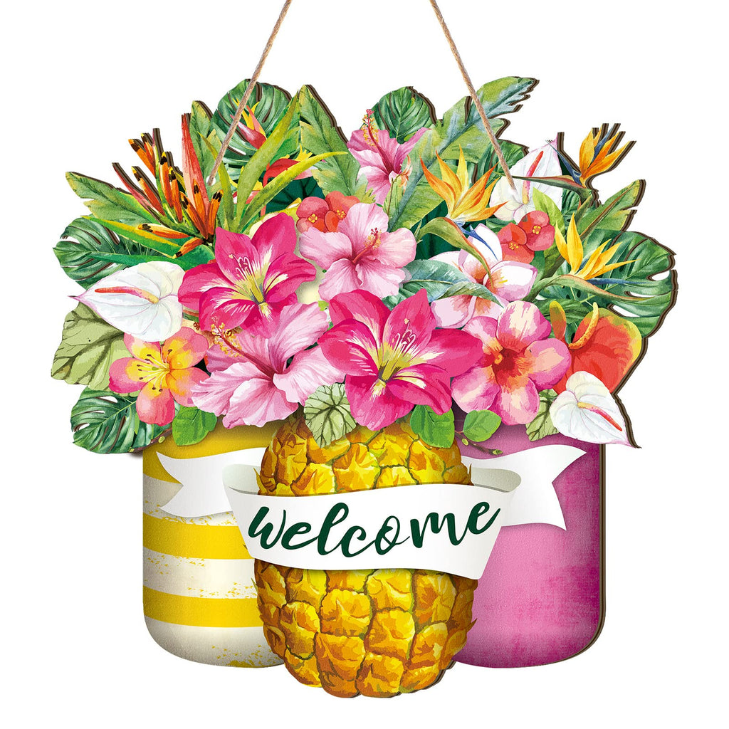 Summer Wooden Sign Pineapple Mason Jar Welcome Sign Farmhouse Summer Door Porch Decor Summer Wreath Pineapple Wall Decor with Ro