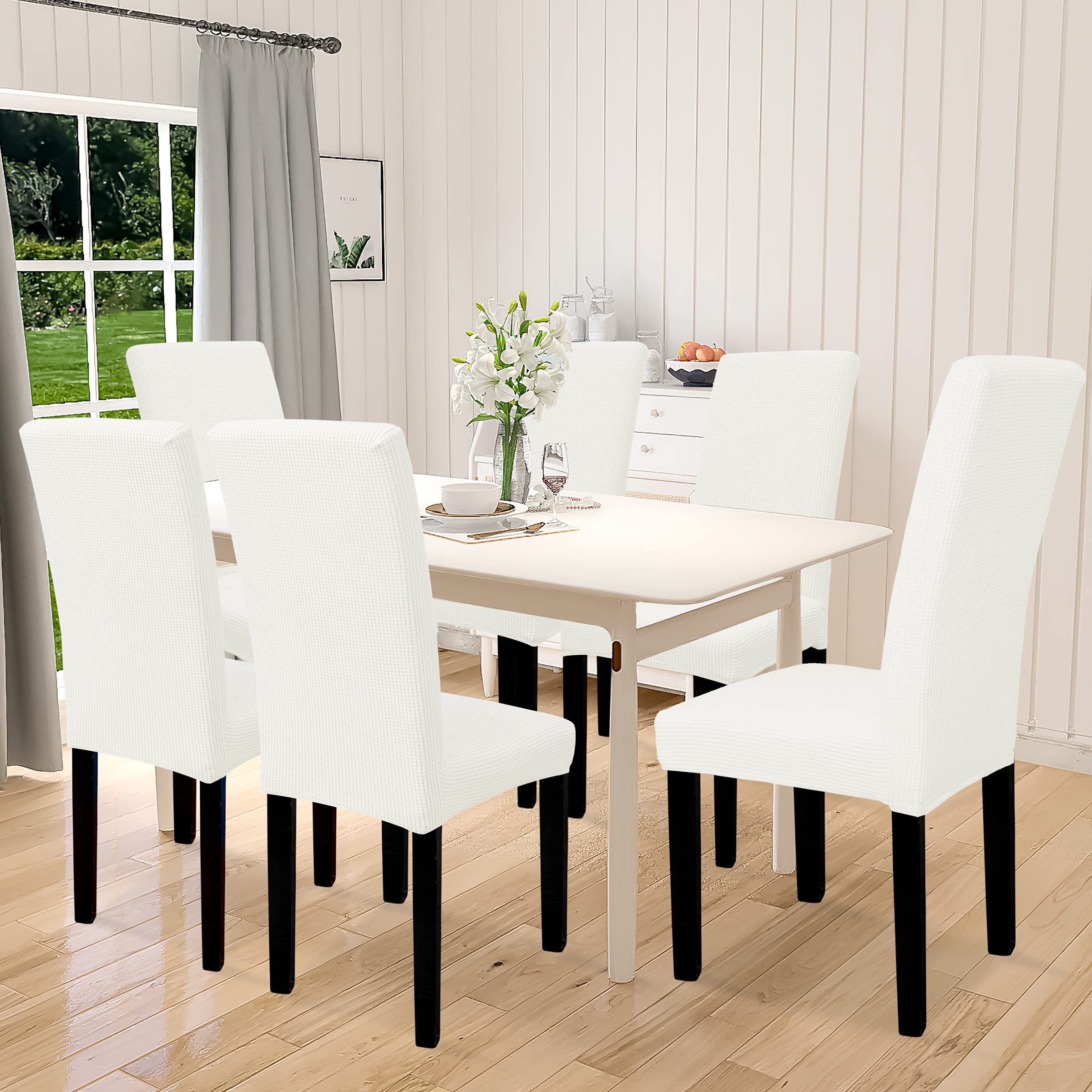 Easy-Going 100% Waterproof Dining Room Chair Cover Set Of 6, Stretch Jacquard Parson Chair Slipcover Removable Washable Chair Protector For Home, Restaurant, Banquet (Large, Cream)