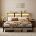 Bestier Queen Bed Frame with Storage Headboard and Charging Station, Grey Platform Bed Frame with LED Light, Non-Slip Metal Bed 