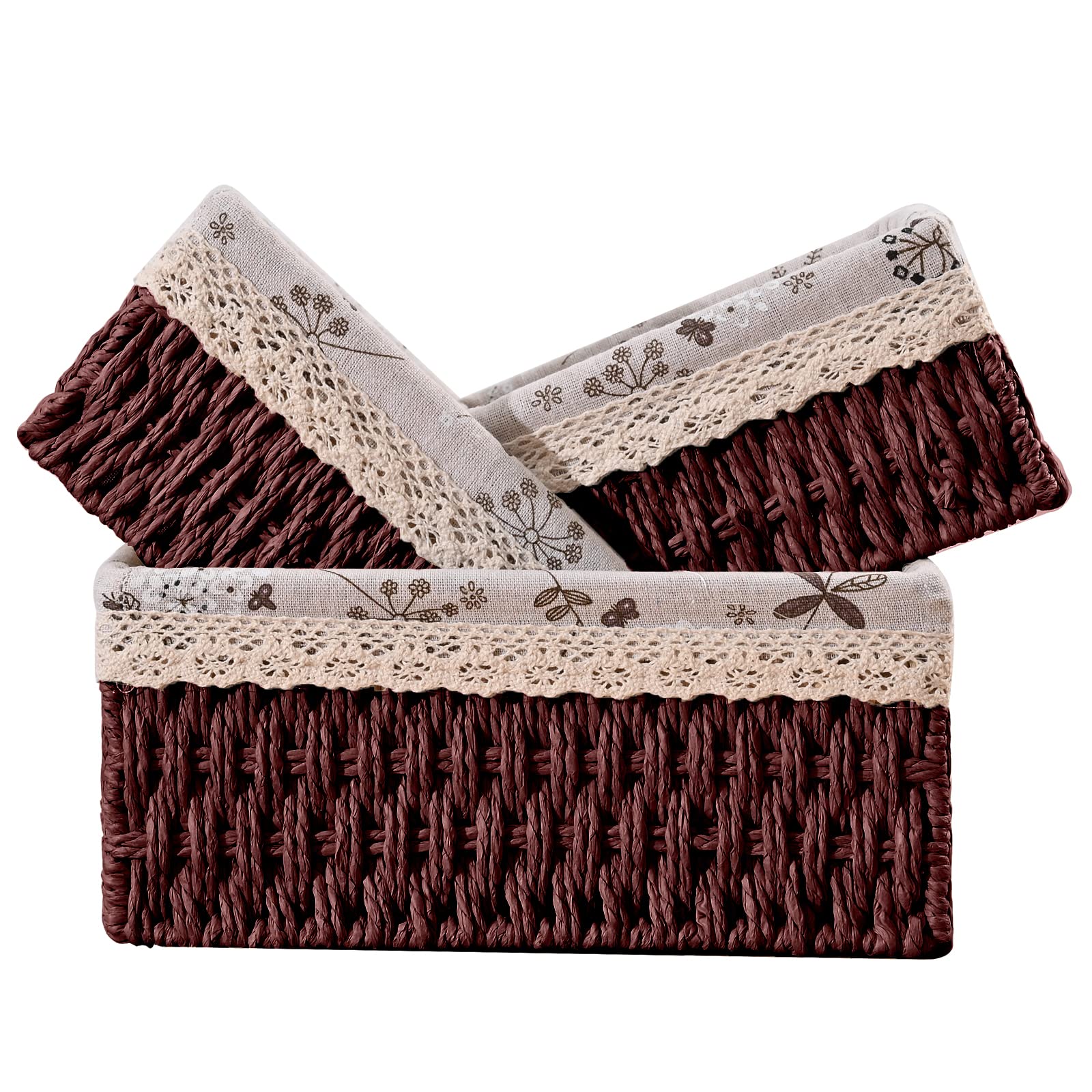 3 Pcs Handmade Wicker Storage Baskets Set Shelf Baskets,Woven Decorative Home Storage Bins for Bedroom,livingroom,kitchenroom,Ta