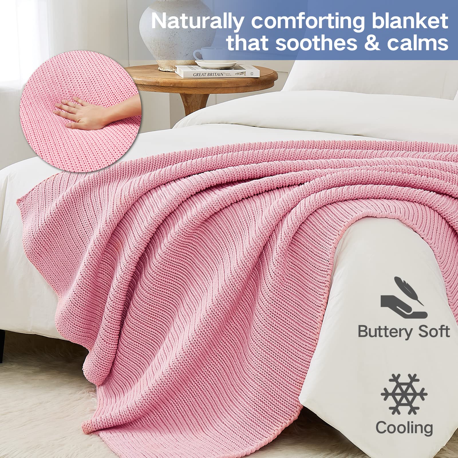 Guohaoi Knitted Weighted Blanket(Pink 50''X60'' 7Lbs),Home D  Cor Cooling Throw Blanket For Hot Sleepers,Hand Made Chunky Knit H