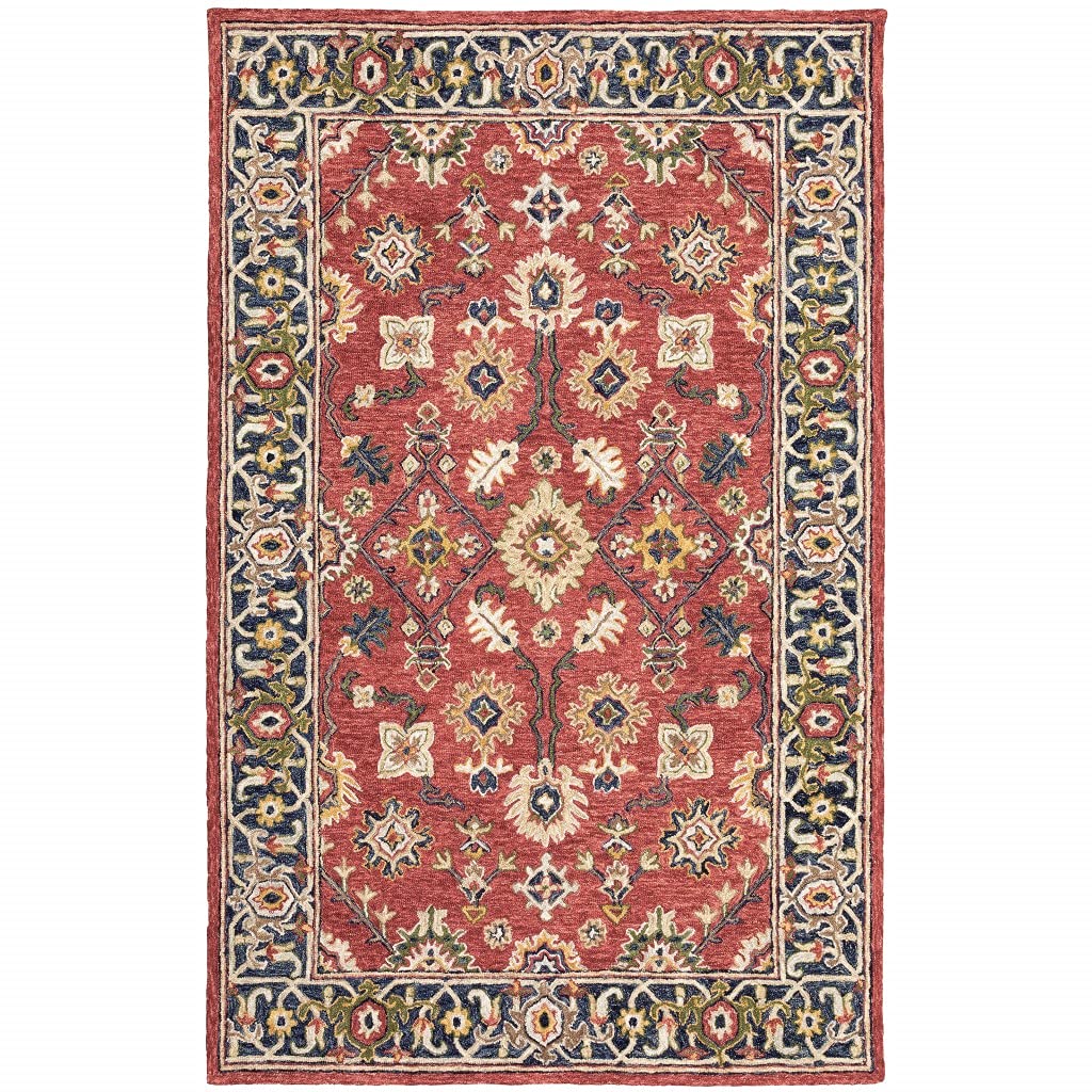 HomeRoots Wool 5'x8' Red and Blue Bohemian Rug