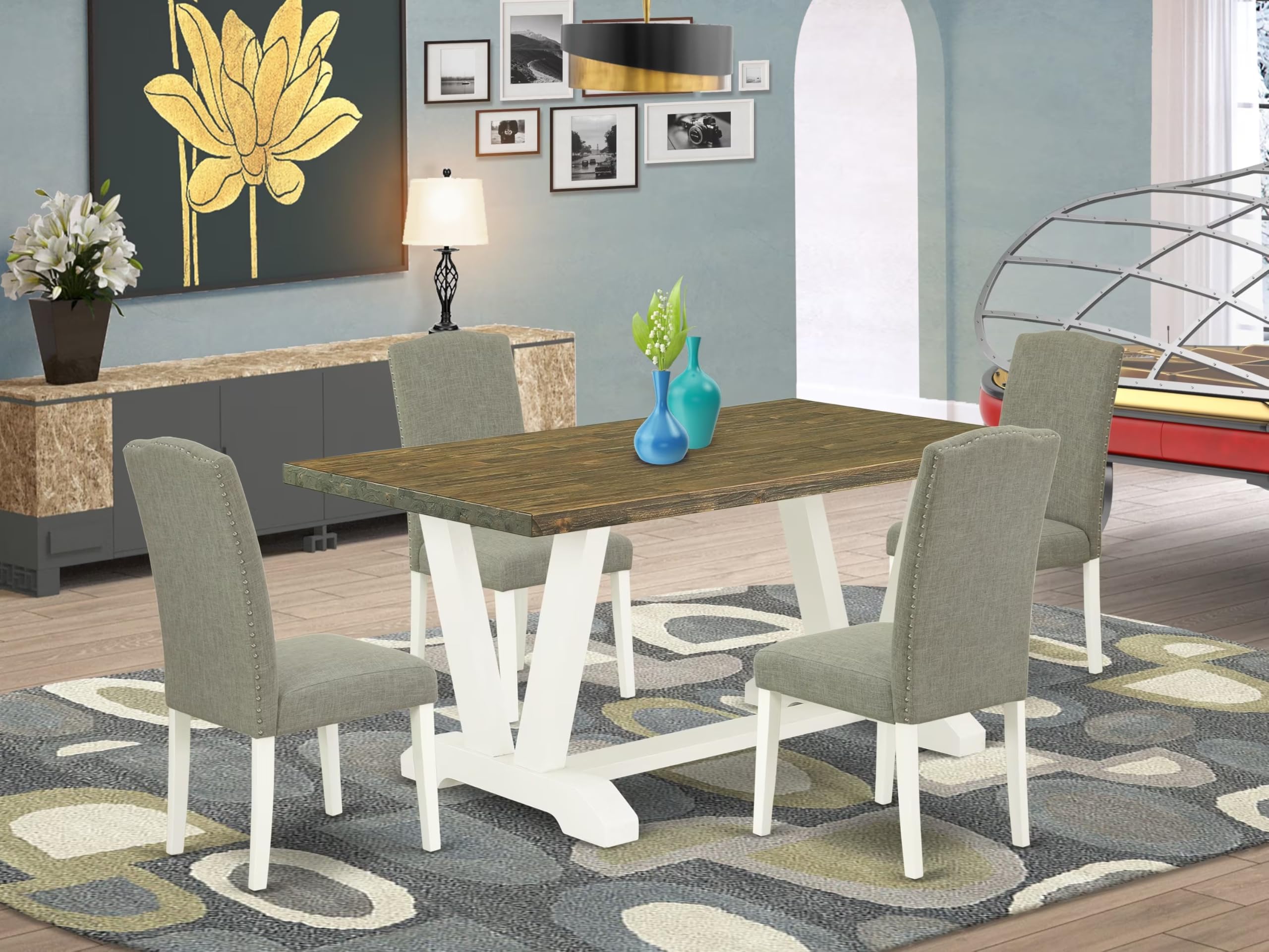 East West Furniture X076En206-5 5 Piece Dining Room Furniture Set Includes A Rectangle Dining Table With X-Legs And 4 Dark Shitake Linen Fabric Upholstered Chairs, 36X60 Inch, Multi-Color