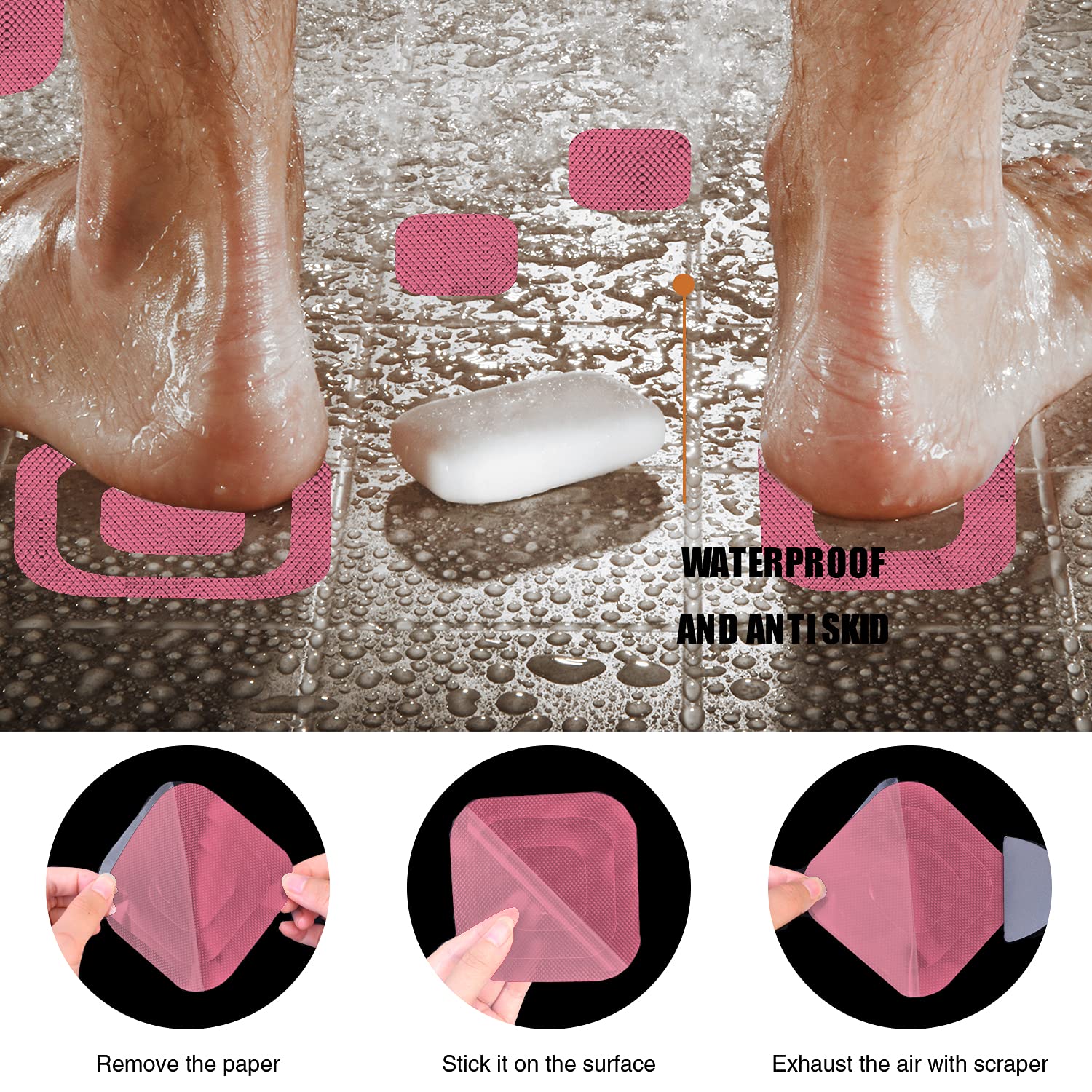 Secopad Non-Slip Bathtub Stickers, 72 Pcs Safety Bathroom Tubs Showers Treads Adhesive Decals Scraper (Pink)