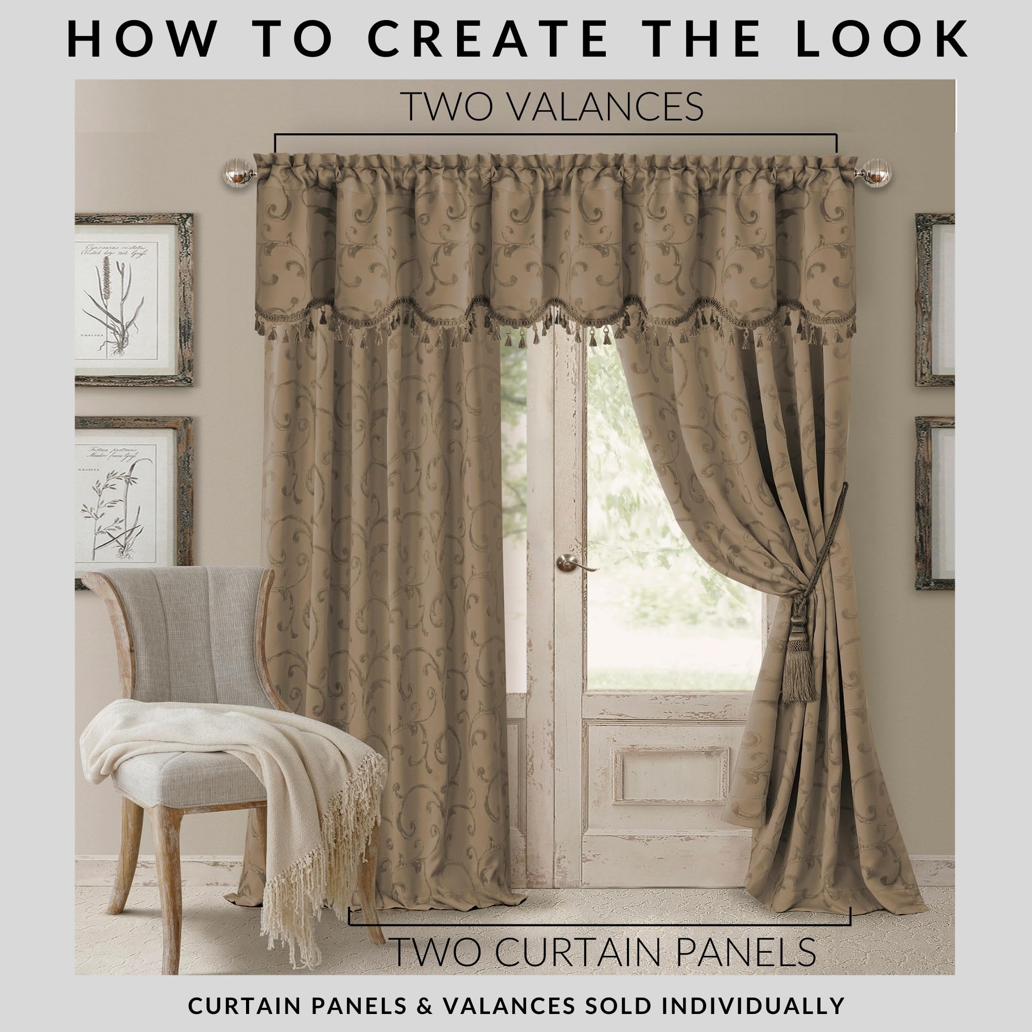 Elrene Home Fashions Mia Jacquard Scroll Blackout Window Curtain, 52'' X 95'' (1 Panel), Taupe
