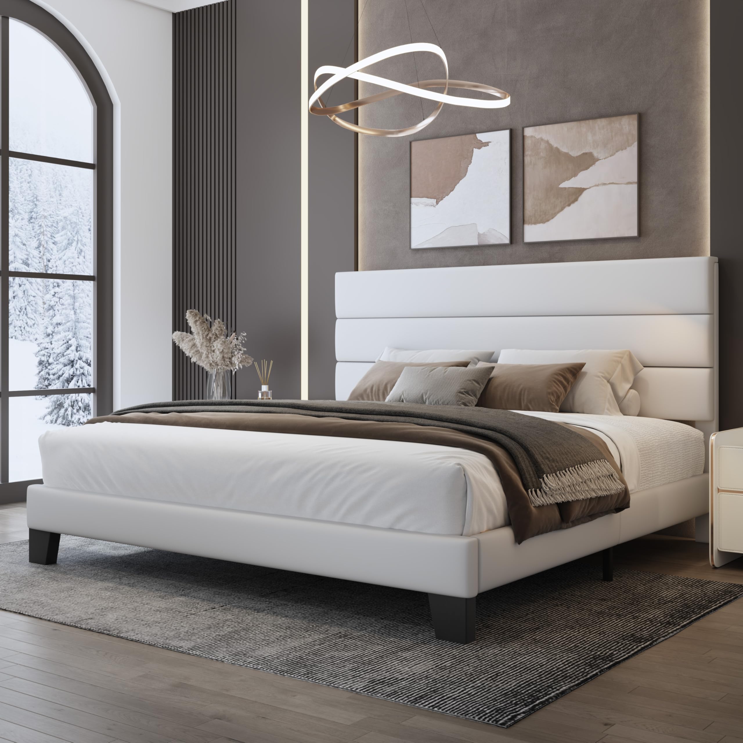 Weeway King Bed Frame Platform Bed With Velvet Upholstered Headboard And Wooden Slats Support, Heavy Duty Mattress Foundation, No Box Spring Needed, Easy Assembly, White