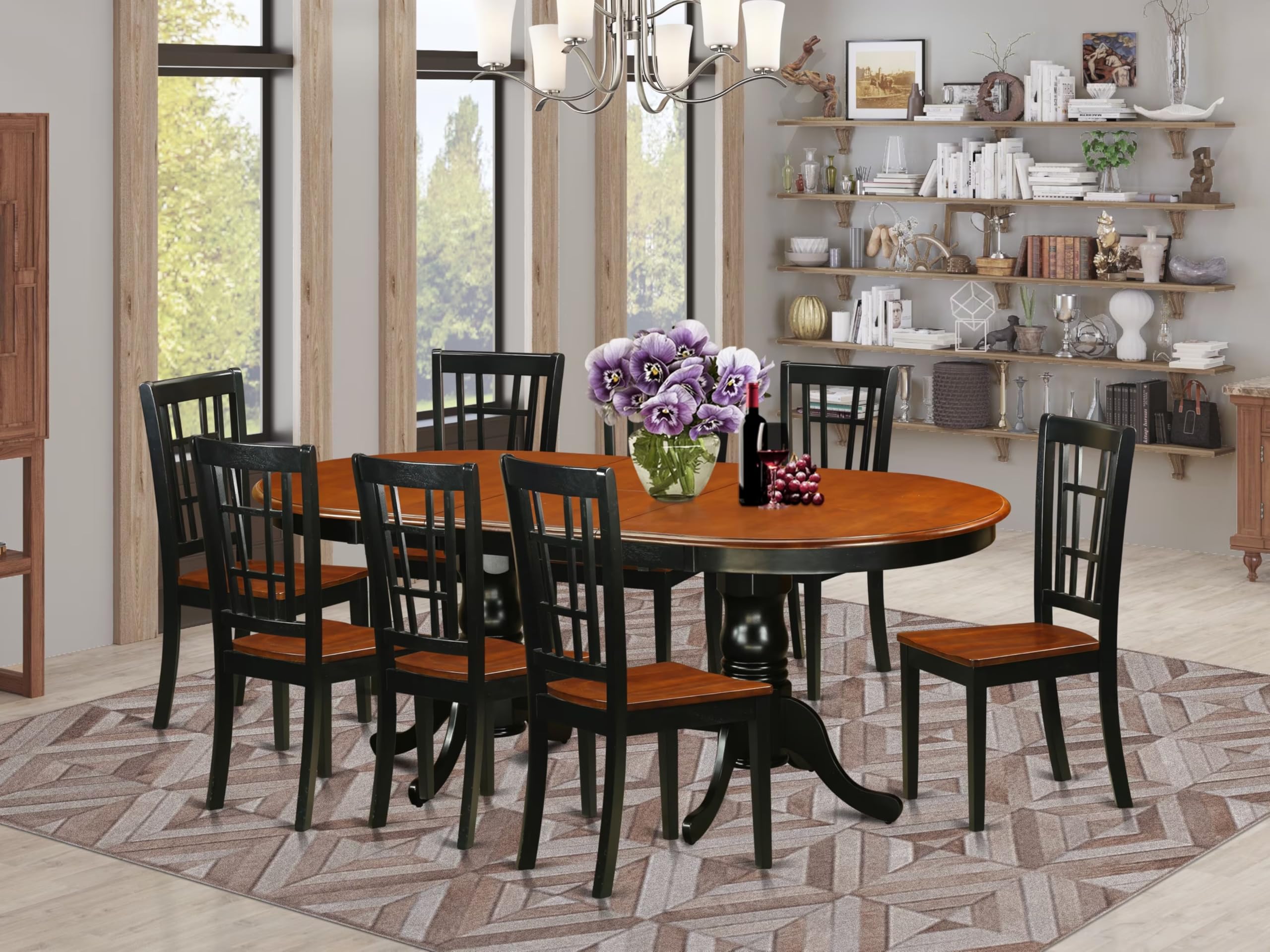 East West Furniture PLNI9-BCH-W 9 Piece Dining Table Set Includes an Oval Dining Room Table with Butterfly Leaf and 8 Wood Seat Chairs, 42x78 Inch, Black & Cherry