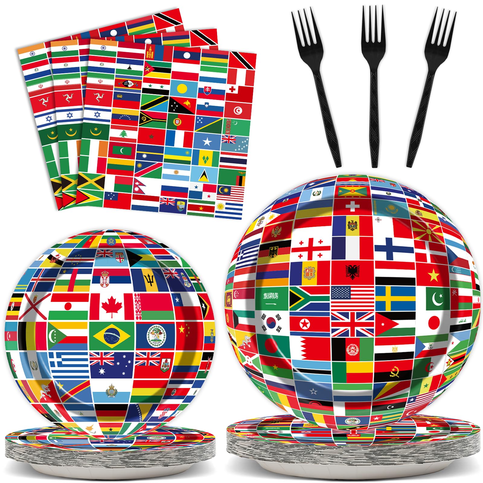 96Pcs International World Flags Party Supplies Country Flag Paper Plates Napkins Travel Trip Around the Globe Party Decorations 