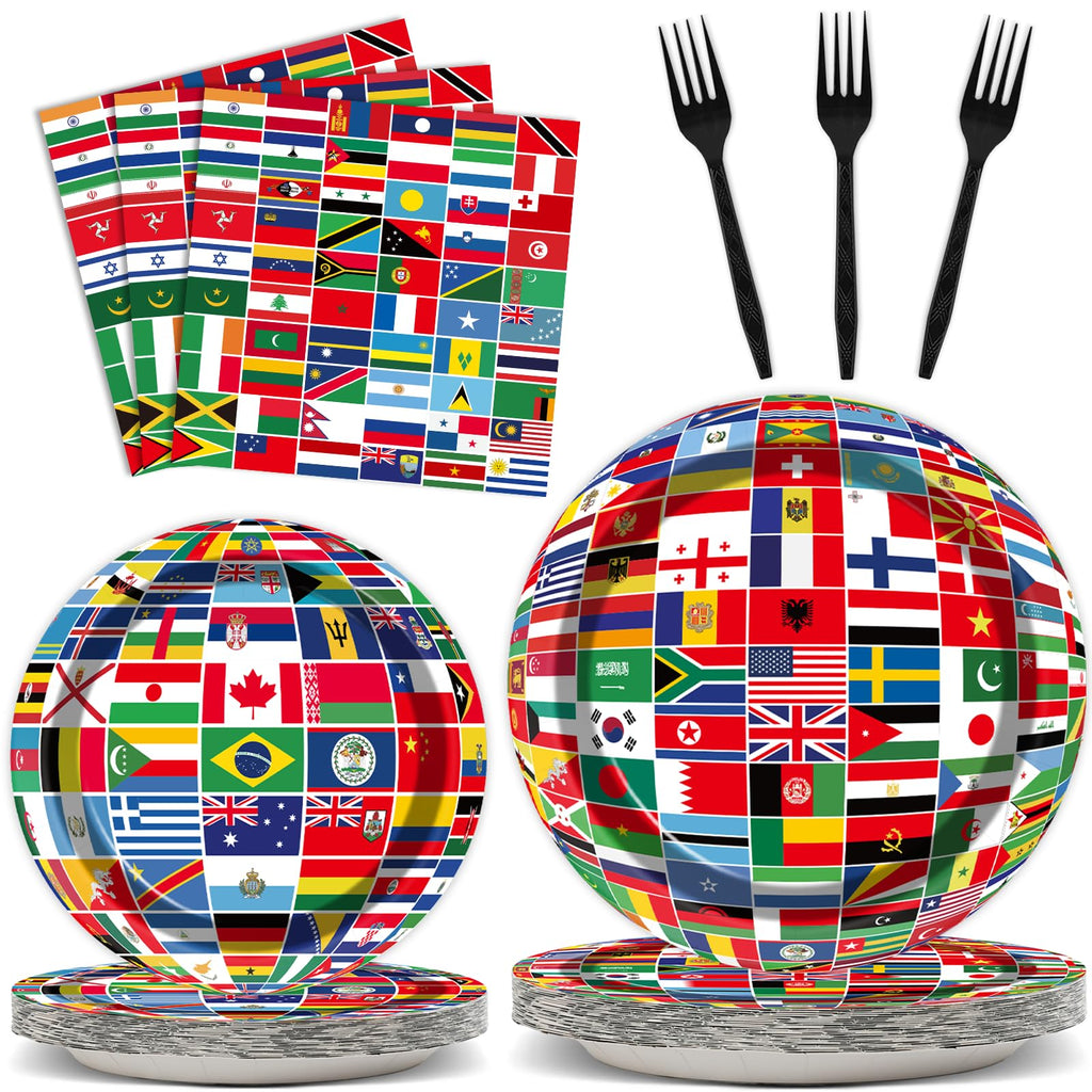 96Pcs International World Flags Party Supplies Country Flag Paper Plates Napkins Travel Trip Around the Globe Party Decorations 