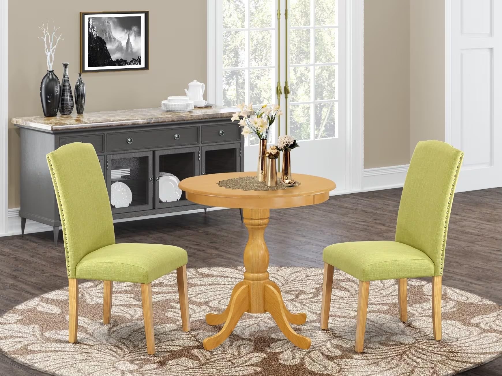 East West Furniture Esen3-Oak-07 3 Piece Dinette Set For Small Spaces Contains A Round Dining Table With Pedestal And 2 Limelight Linen Fabric Upholstered Chairs, 30X30 Inch, Oak