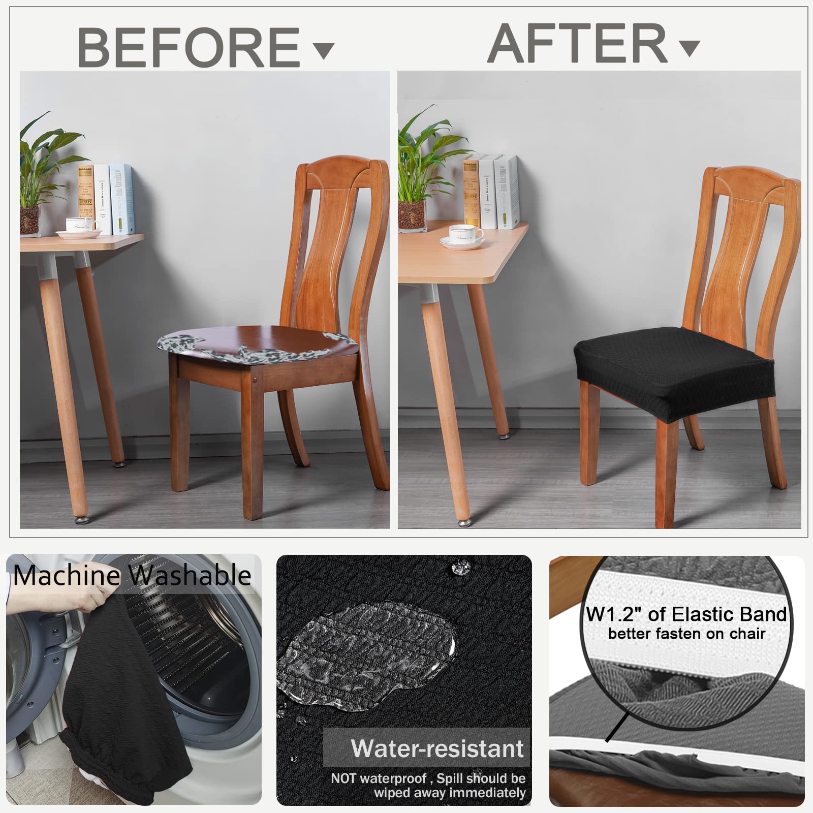 Buyue Fast Installation Dining Room Chair Covers Set Of 6, Luxury Stretch Jacquard Seat Slipcovers For Kitchen Armless Chairs, Rear Gapped- Black- 6