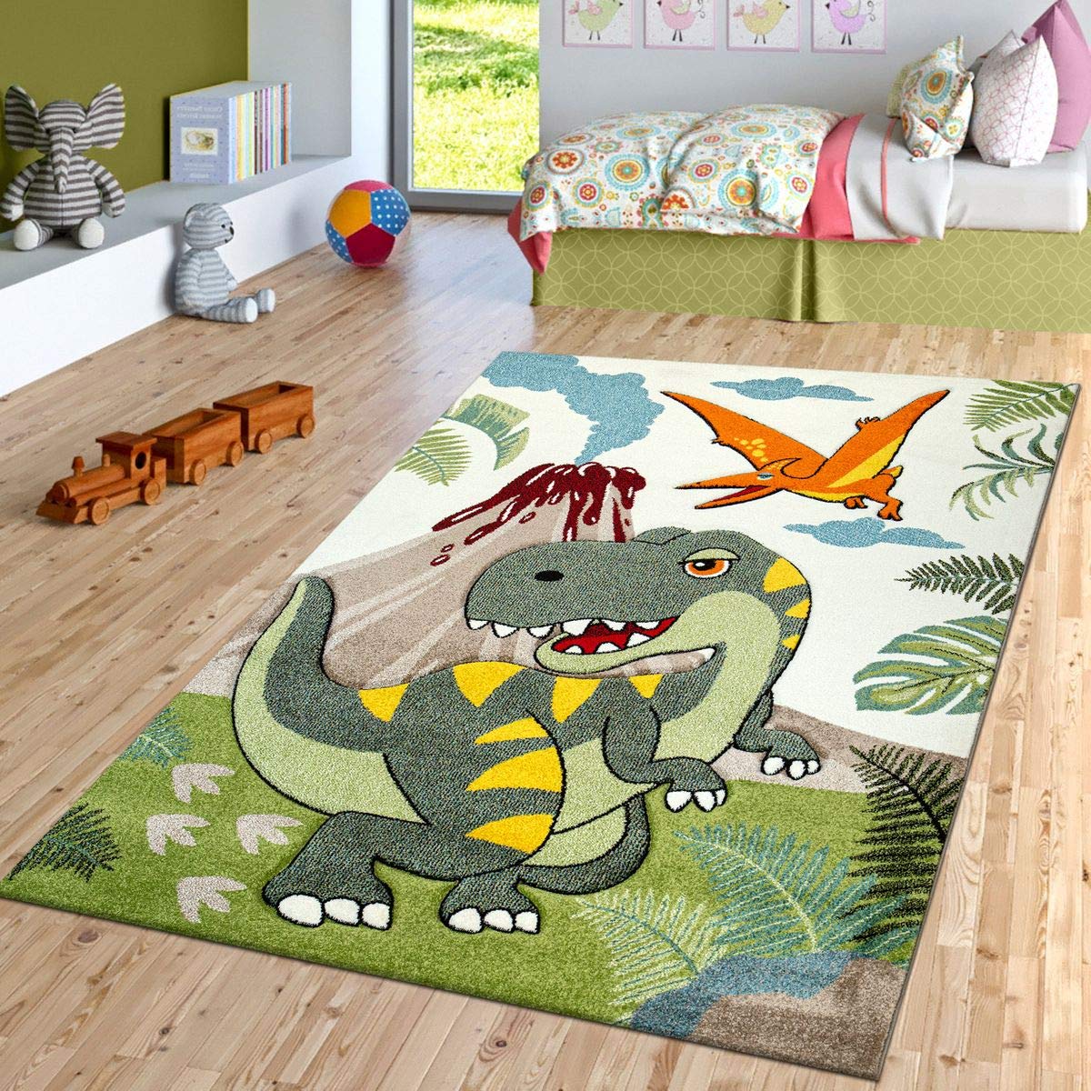 Paco Home Kids Rug Jurresic World T-Rex Dinosaur Jungle in Green, Size:53 x 77