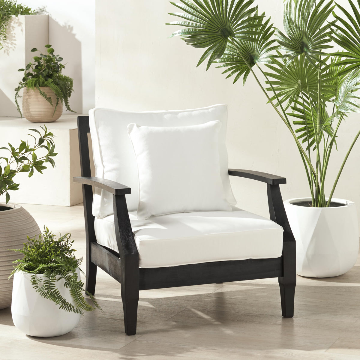 Safavieh Outdoor Couture Collection Martinique Light Grey/Beige Solid Wood Patio Armchair With Pillow