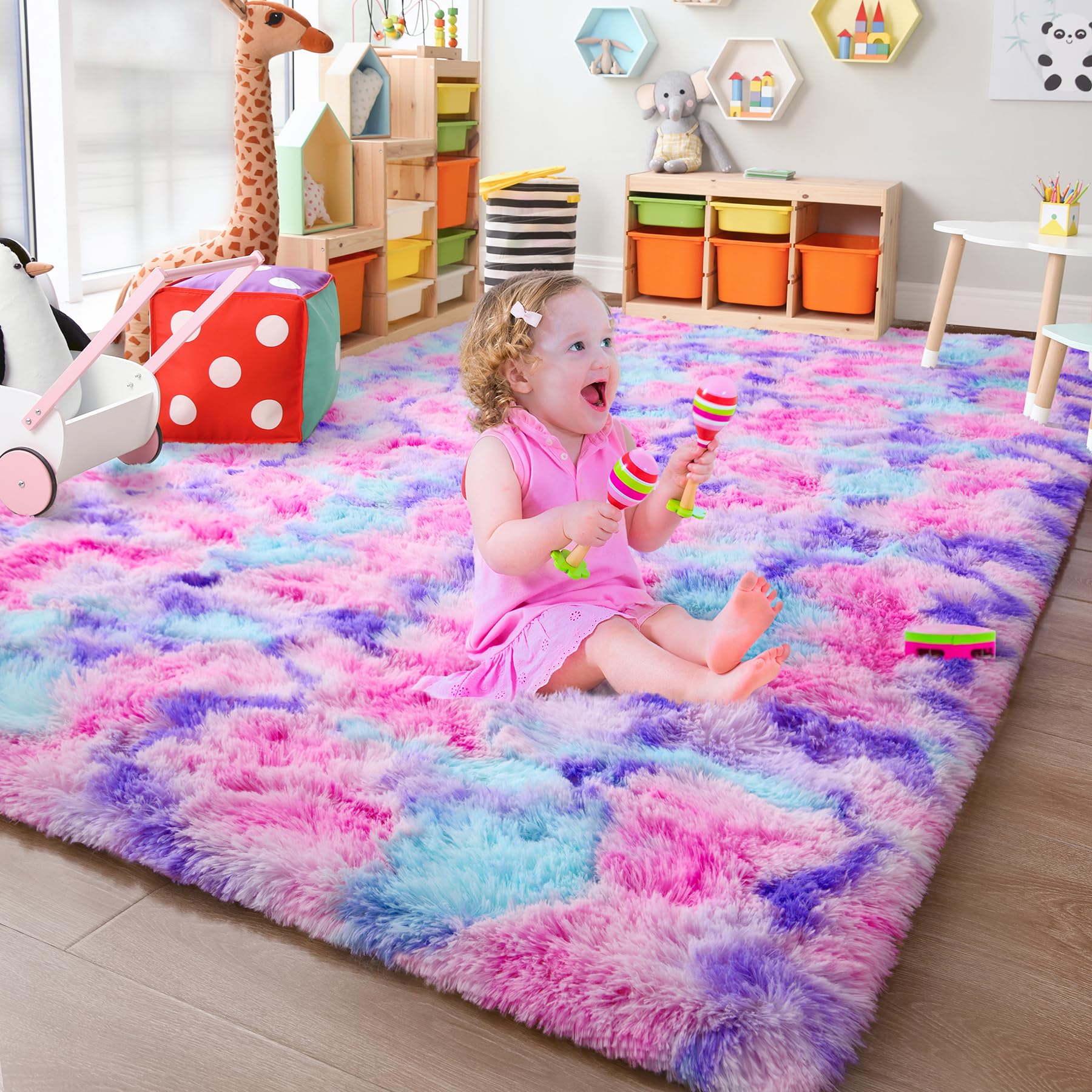 Chicrug Cute Fluffy Area Rug For Girls Bedroom, 4X6 Feet Fluffy Kids Rug For Room Decor, Shag Soft Dorm Playroom Rug, Bedside Ru