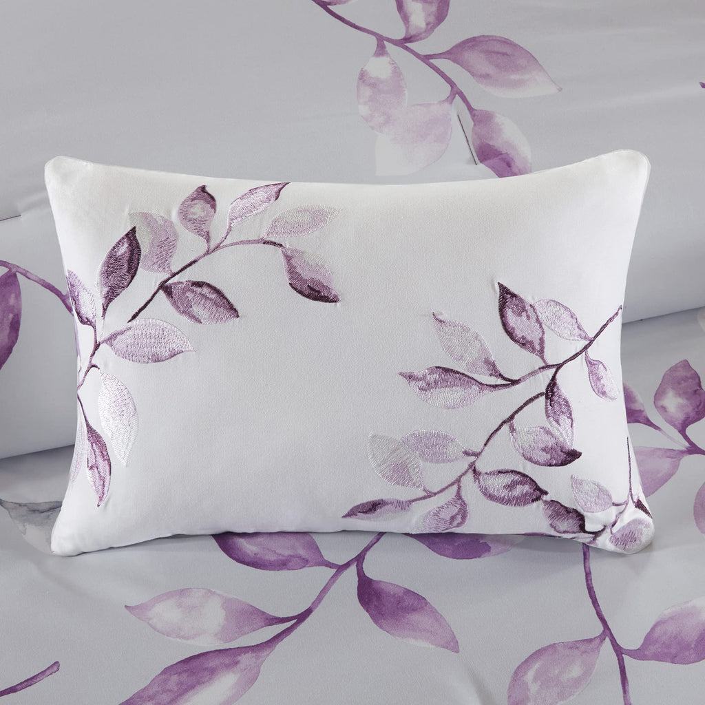 Madison Park Essentials Cozy Bed In A Bag Comforter With Complete Cotton Sheet Set - Trendy Floral Design All Season Cover, Decorative Pillow, Twin(68'X86'), Leaf Purple 9 Piece
