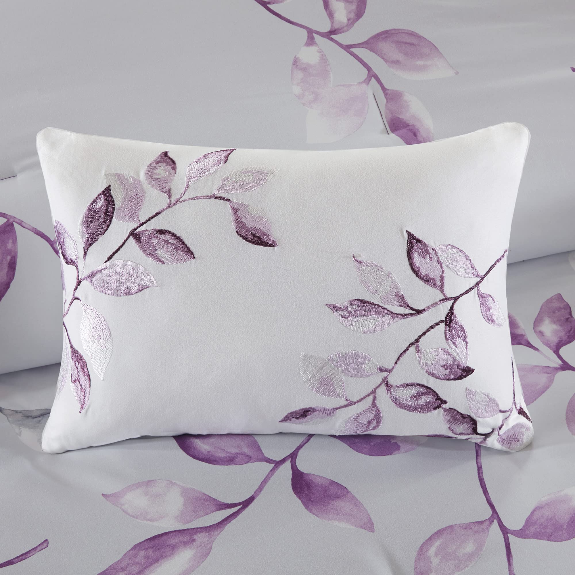Madison Park Essentials Cozy Bed In A Bag Comforter With Complete Cotton Sheet Set - Trendy Floral Design All Season Cover, Decorative Pillow, King(104'X92'), Leaf Purple 9 Piece