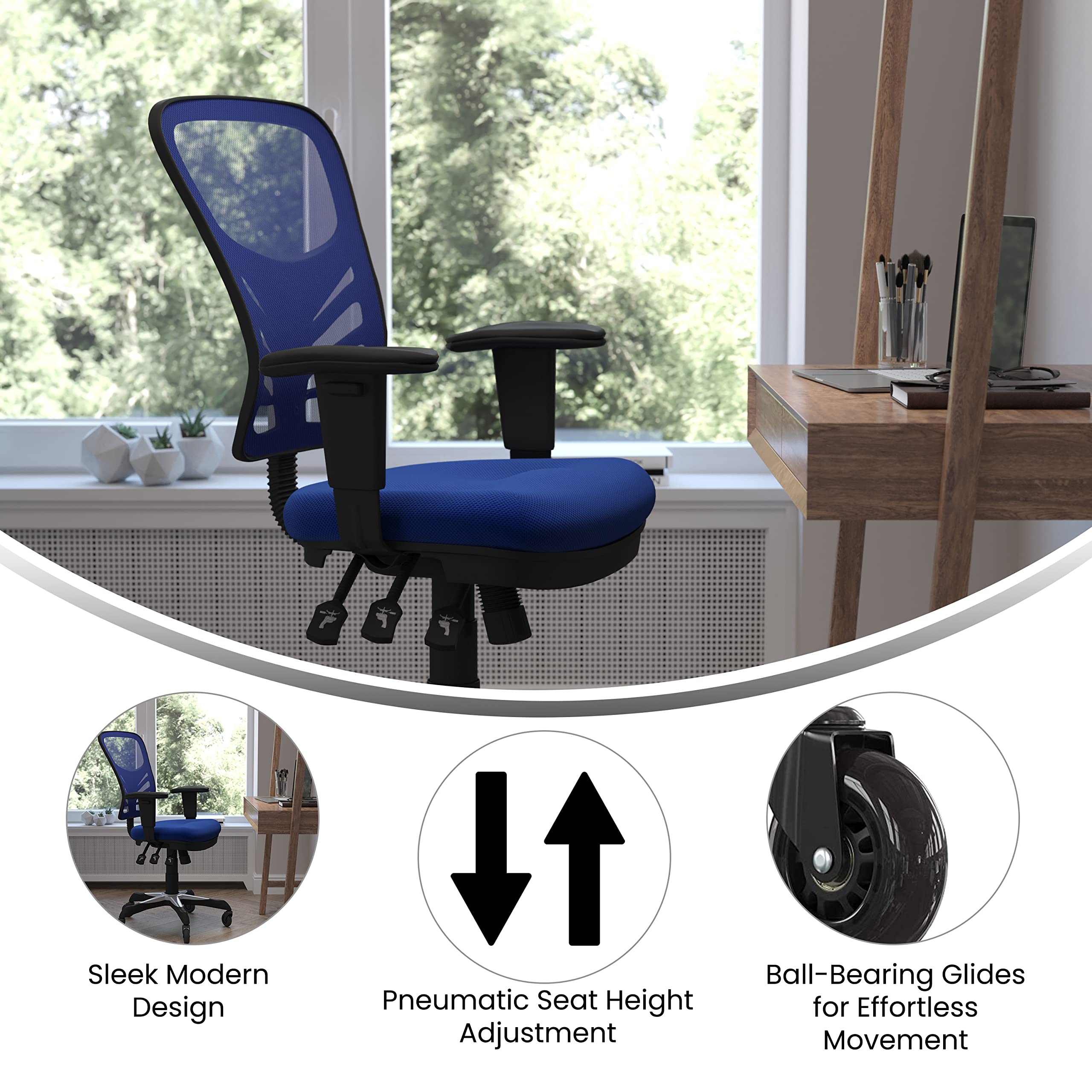Flash Furniture Nicholas Mid-Back Blue Mesh Multifunction Executive Swivel Ergonomic Office Chair With Adjustable Arms And Transparent Roller Wheels