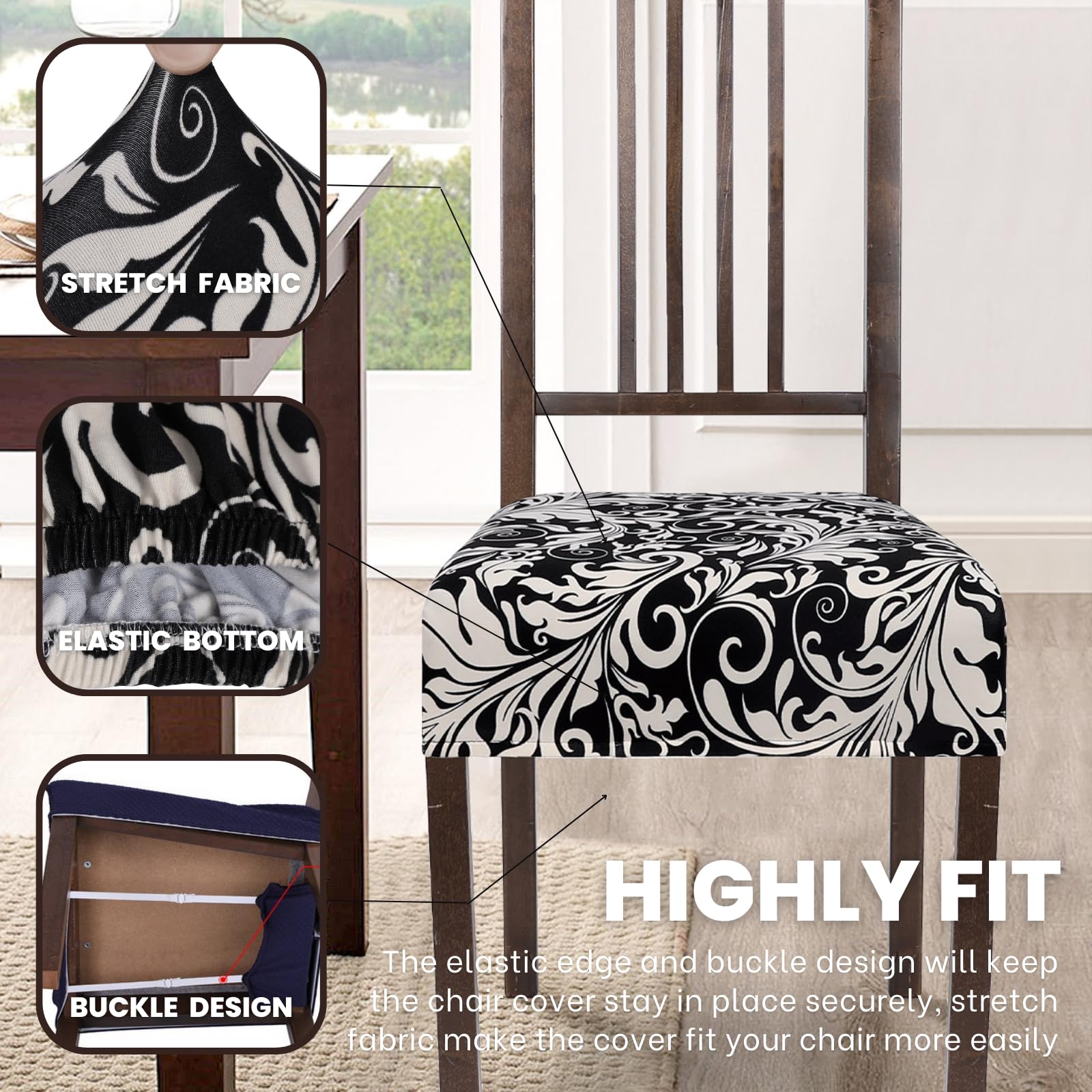 Searchi Stretch Dining Chair Seat Covers Set Of 4, Soft Removable Washable Seat Covers For Dining Chairs, Dining Room Seat Cover Slipcover Protector (Rear-Covered, Black Flower)