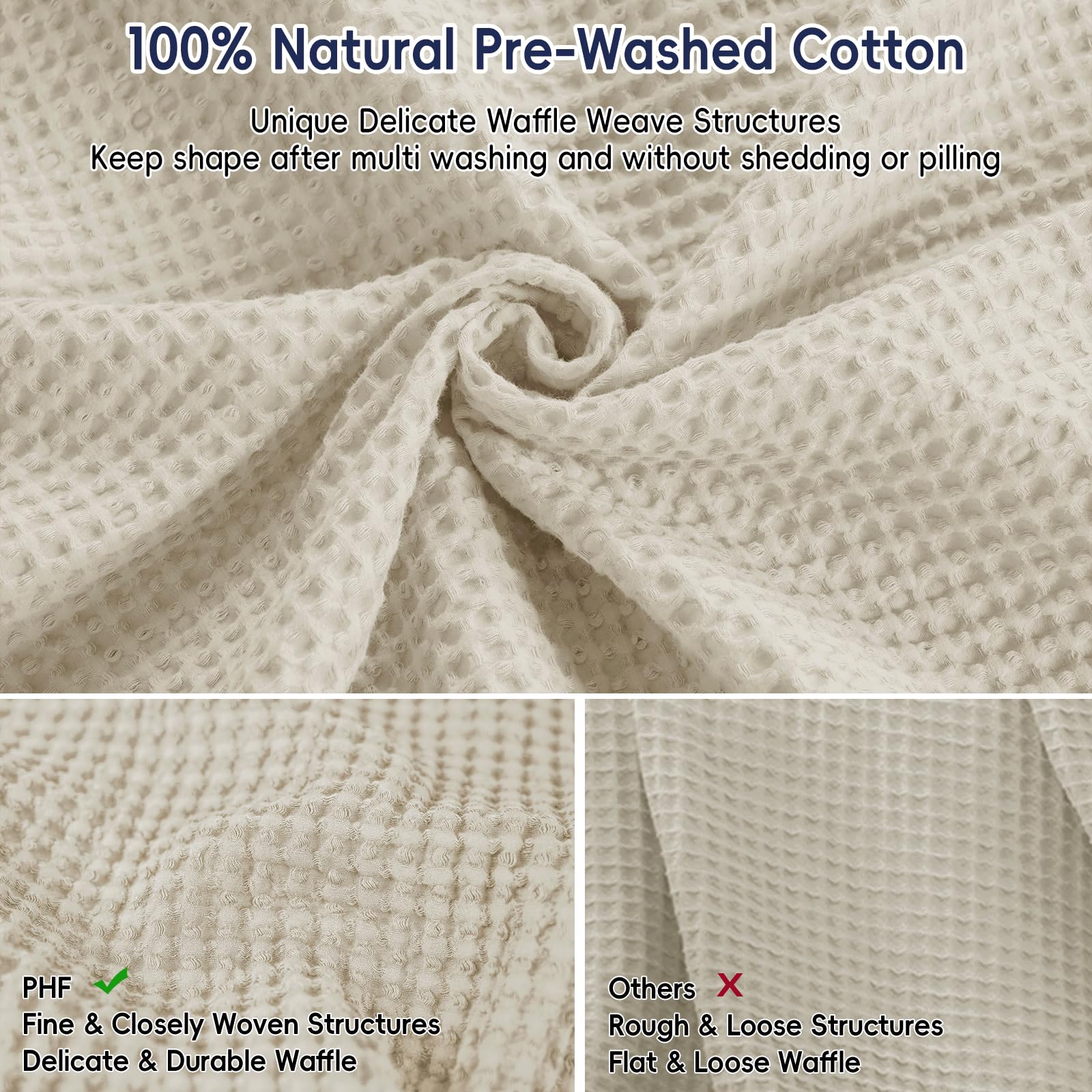 Phf 100% Cotton Waffle Weave Blanket Queen Size 90'X90' - Lightweight Cozy Washed Soft Breathable Throw - Great Layer For Couch Bed Sofa - Elegant Aesthetic Home Decoration Gift-Linen