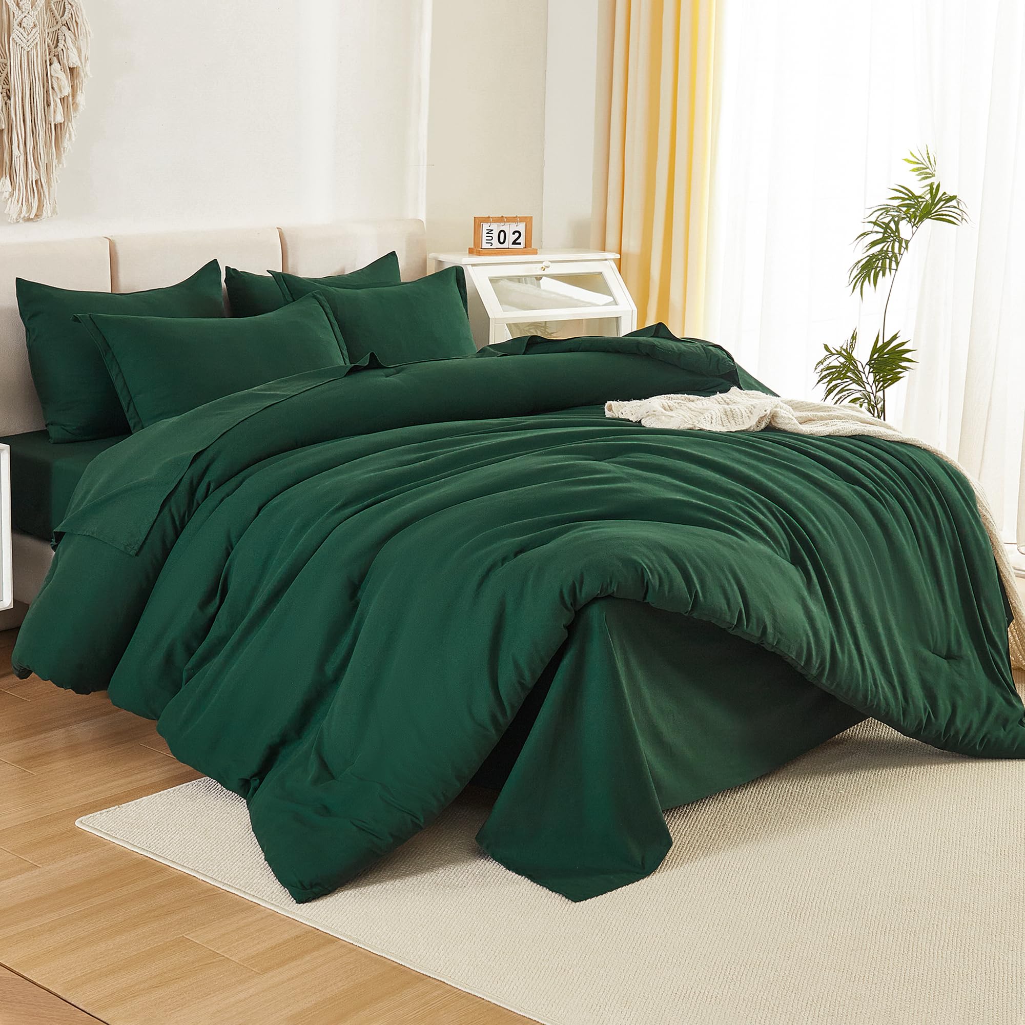 Litanika California King Comforter Set Dark Emerald Green - 7 Pieces Bed In A Bag Cal King Beddding Comforter Sets, Plain Lightw