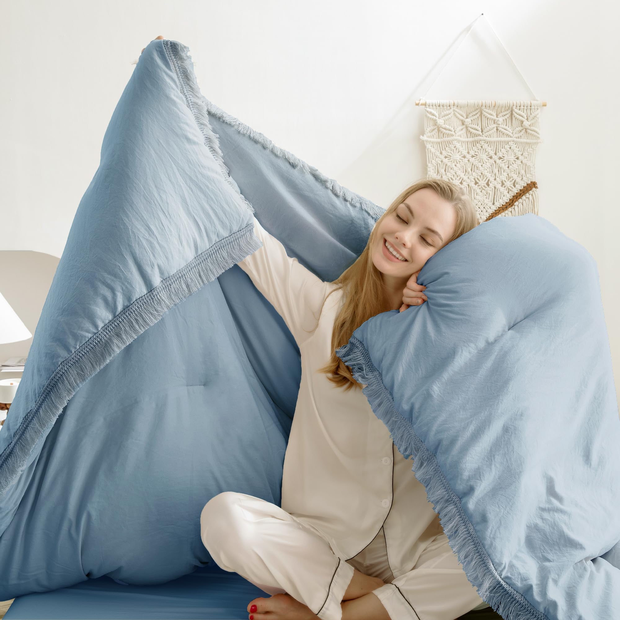 Andency Grayish Blue Comforter Set Queen Size, 3 Pieces Boho Tassel Lightweight Bedding Comforter Sets, All Season Soft Fluffy Fringe Bed Set (90X90In Comforter & 2 Pillowcases)