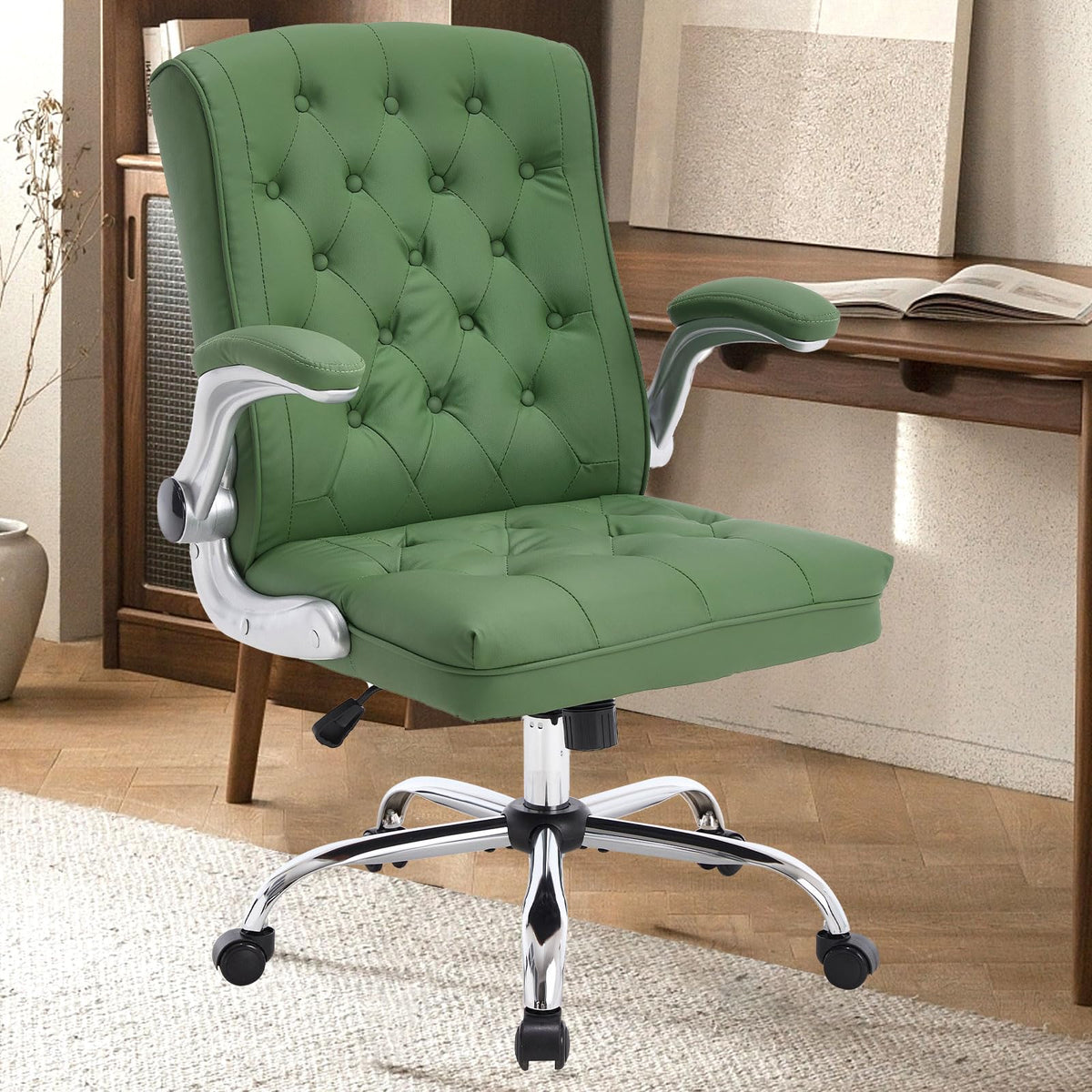 Modern Leather Office Chair, Mid-Back Ergonomic Executive Desk Chair With Flip Up Arm, Mid Century Swivel Task Chair, Rocking Co