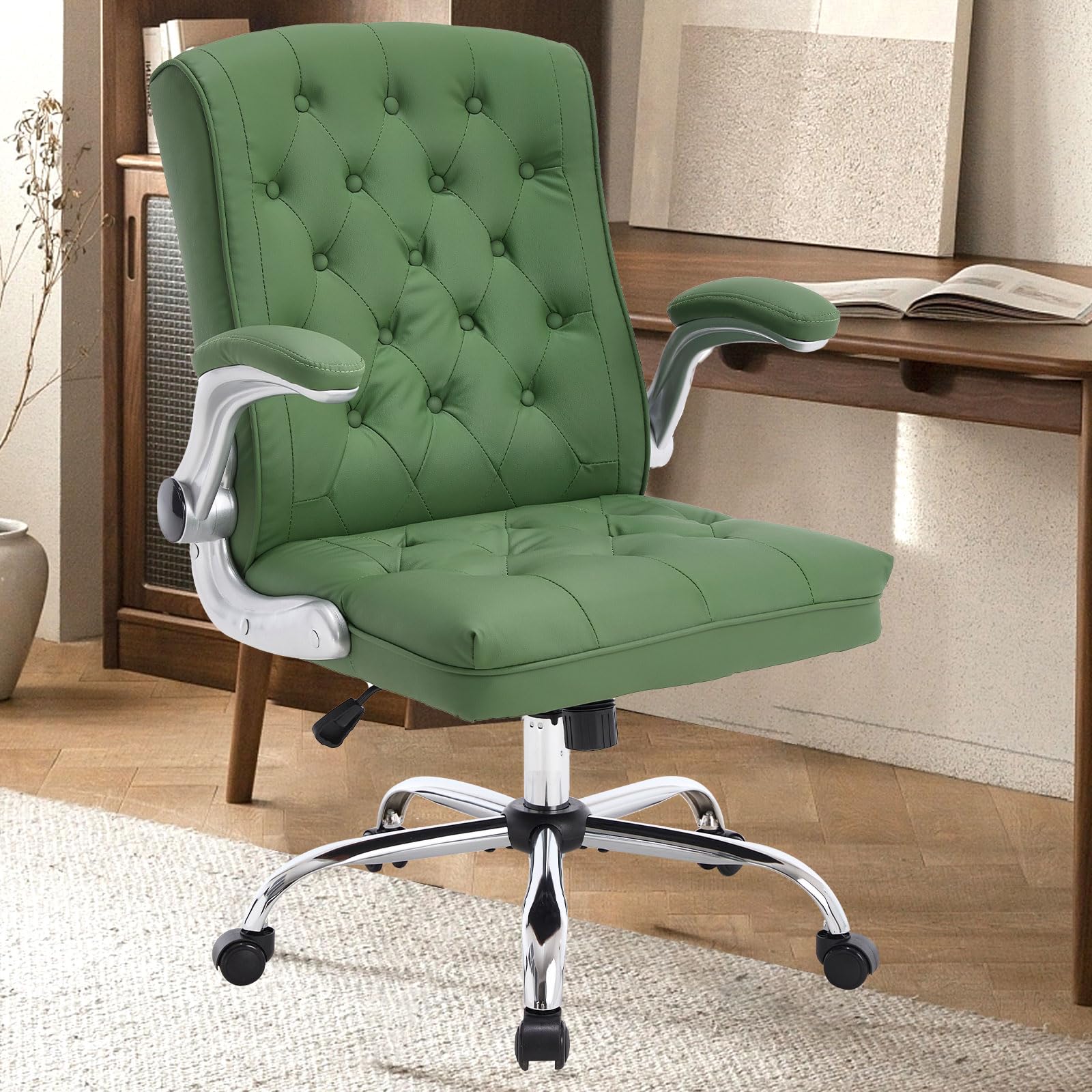 Modern Leather Office Chair, Mid-Back Ergonomic Executive Desk Chair With Flip Up Arm, Mid Century Swivel Task Chair, Rocking Co
