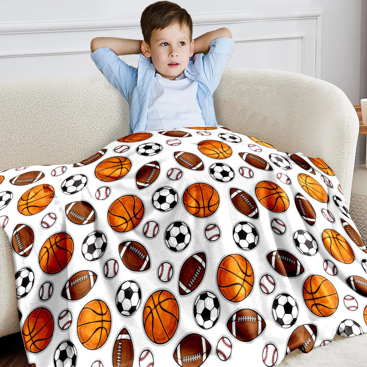 Wajade Sports Balls Blanket For Boys Soft Fleece Baseball Basketball Soccer Blanket For Couch Sofa Bedroom Fuzzy Flannel Blanket