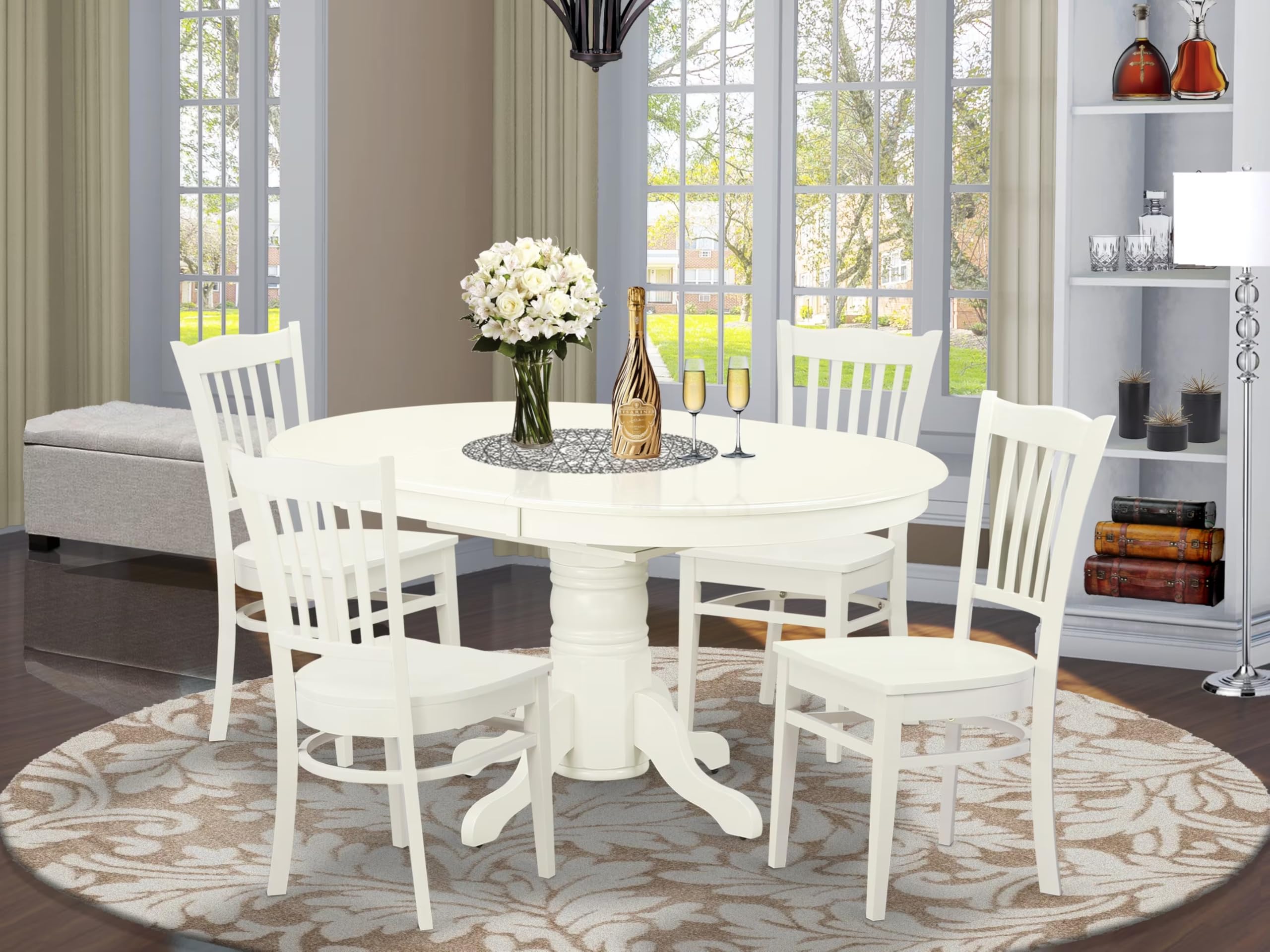 East West Furniture AVGR5-LWH-W 5 Piece Dinette Set for 4 Includes an Oval Dining Room Table with Butterfly Leaf and 4 Kitchen Dining Chairs, 42x60 Inch, Linen White