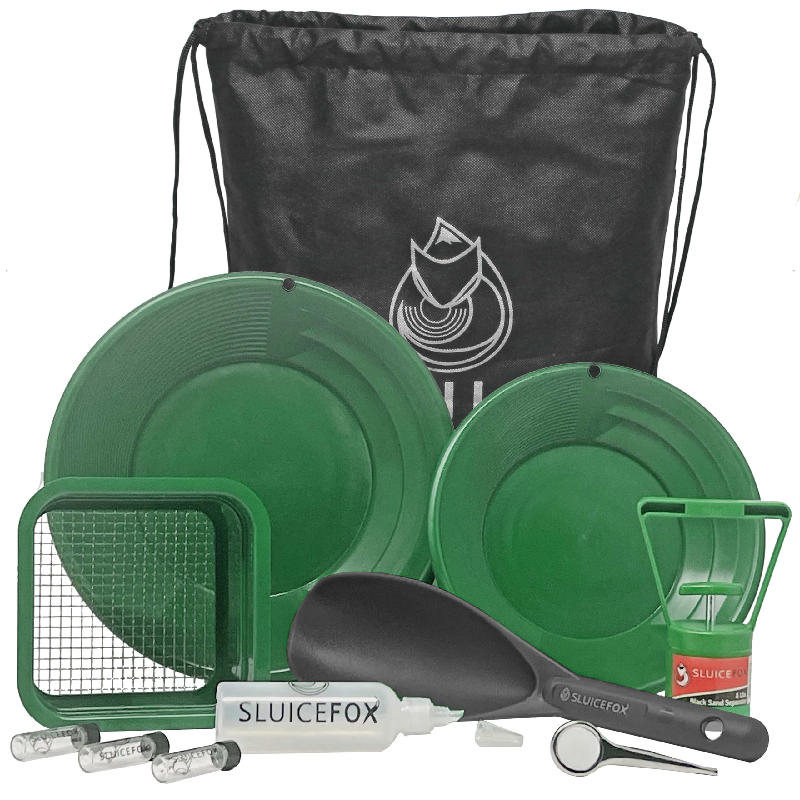 Sluice Fox Backpack Gold Prospecting Kit With Classifier: Two Spiral Gold Pans, Plastic Gold Shovel Or Pay Dirt Scoop And Black
