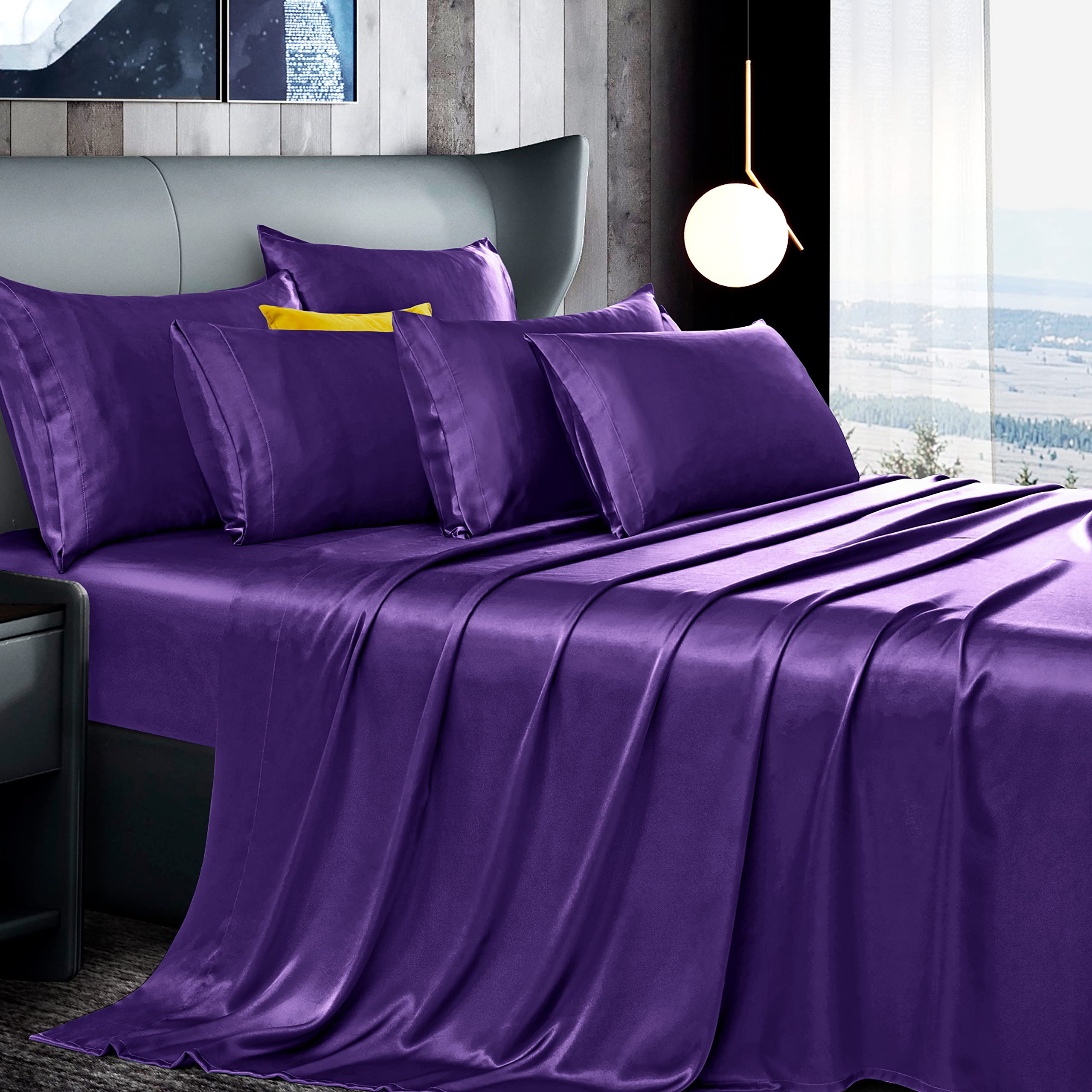 Manyshofu 7Pcs Dark Purple Satin Sheets California King Silky Satin Bed Sheets Set, Luxurious & Soft Satin Bedding Set - 1 Satin