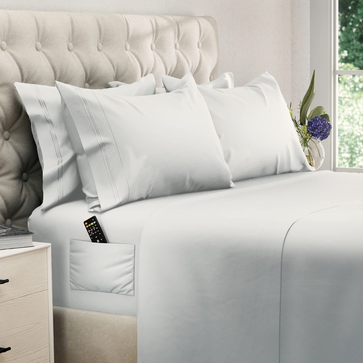 Dreamcare Full Size Bed Sheet Set - Cooling, Extra Deep Pocket, 6Pcs Set - Soft & Long Lasting 100% Fine Brushed Polyester - Whi