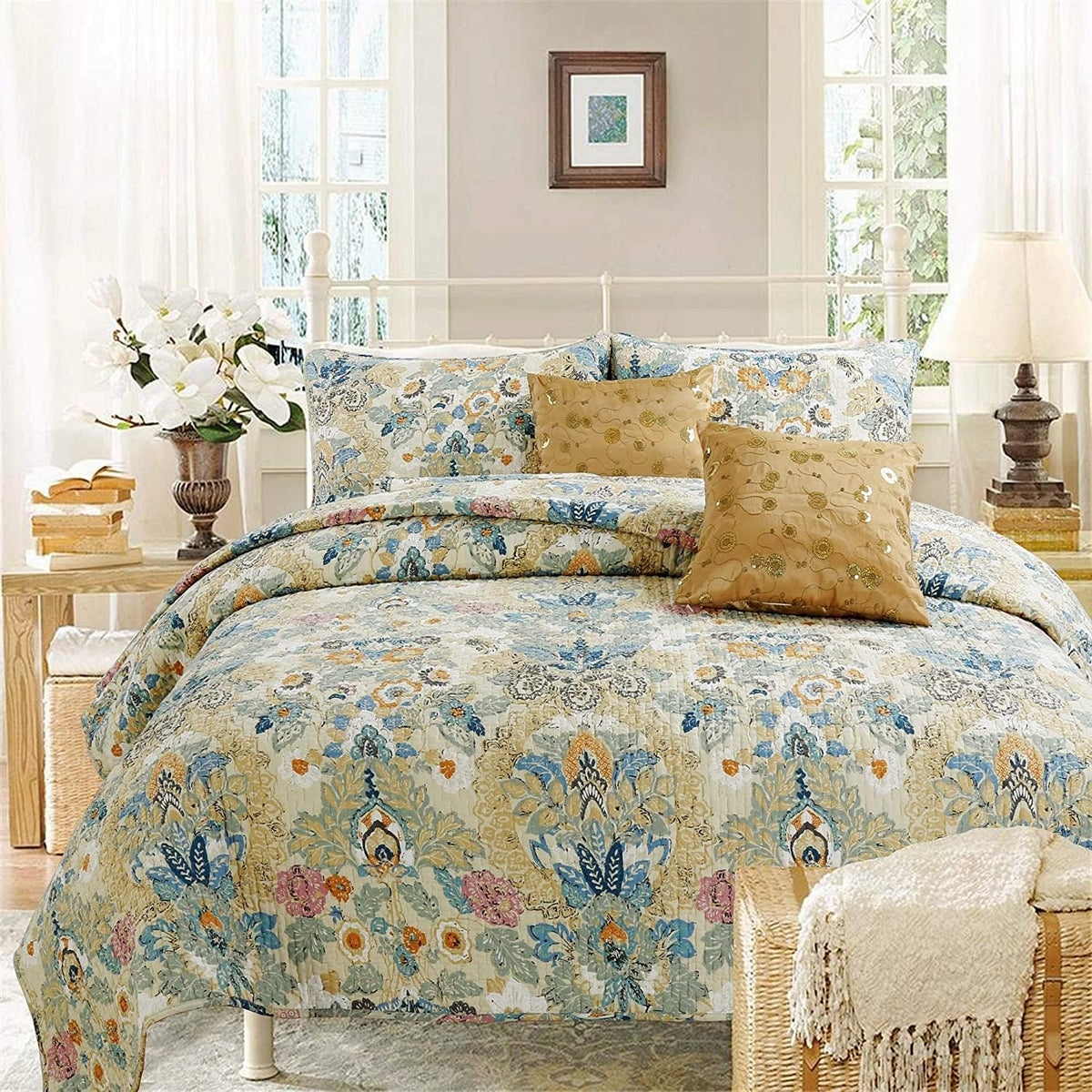 Cozy Line Home Fashions Luxury Classic Bedding Quilt Set, 100% Cotton Beige Blue Floral Pink Flower Bohemian Style Reversible Be