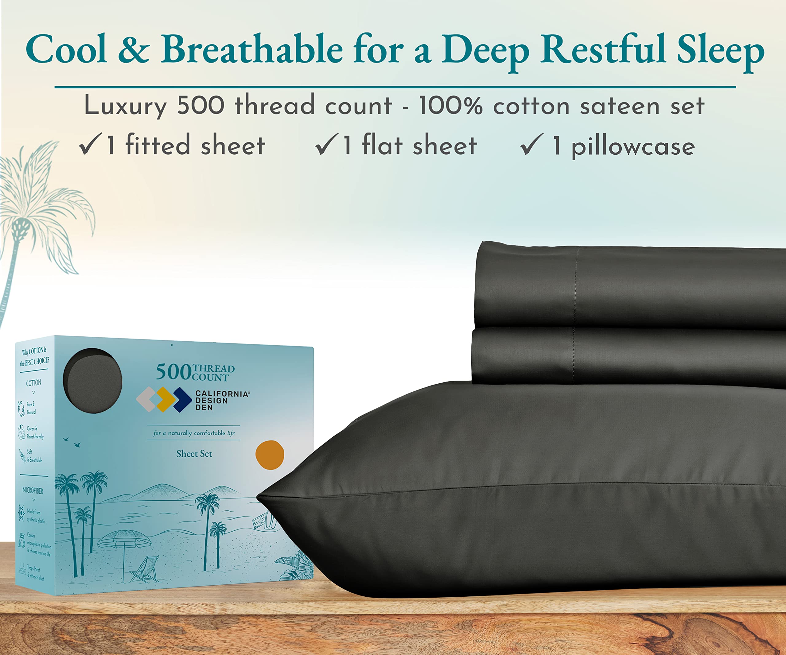 California Design Den - Finest Twin Size Bed Sheets,Soft 100% Cotton Cooling Sheets Deep Pockets, 500 Thread Count, 3-Pc Set, Best Bedsheet Set Twin Sheets Set, Twin Bed Sheets (Dark Gray)