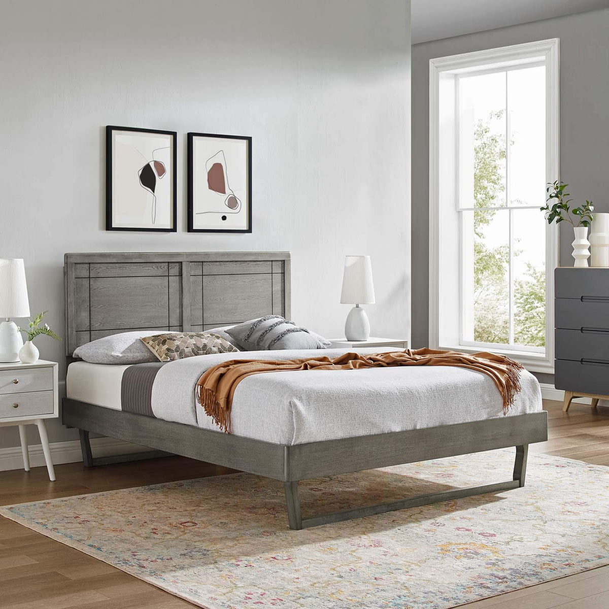 Modway Mod-6381-Gry Marlee Queen Wood Platform Bed With Angular Frame, Gray