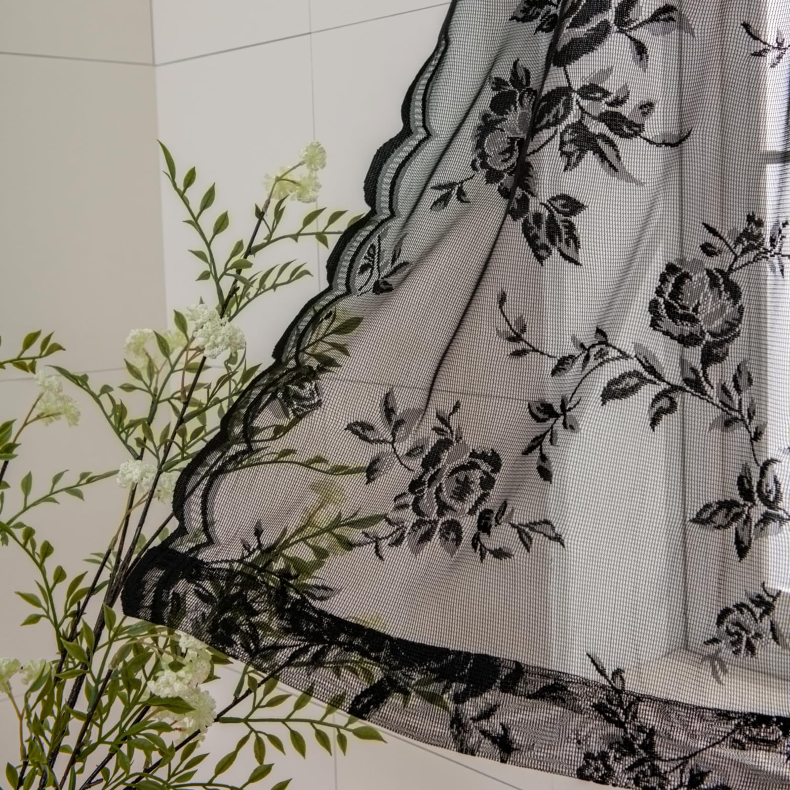 Seekright Black Lace Cafe Curtains 36 Inch Length Rod Pocket Privacy Sheer Short Kitchen Curtains 2 Panels Set Light Filtering B