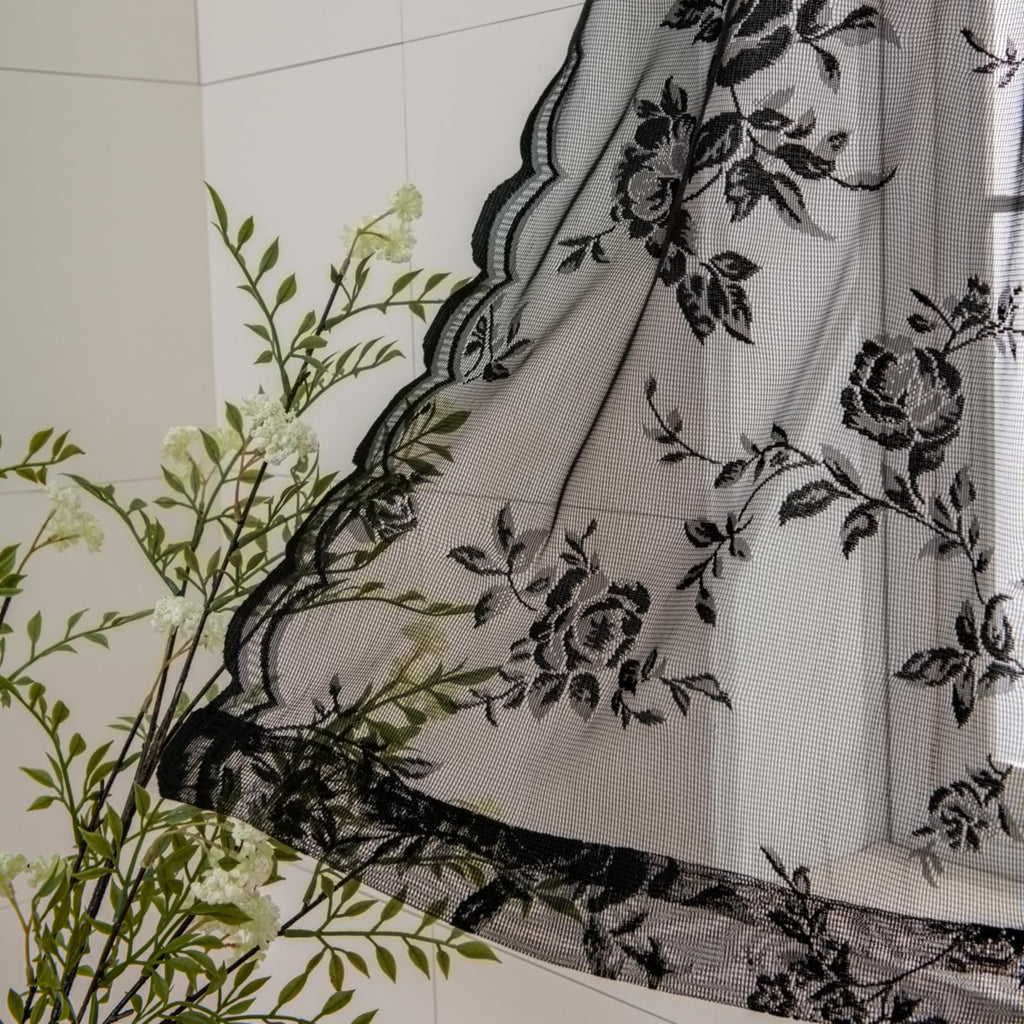 Seekright Black Kitchen Curtains 30 Inch Length Rod Pocket Light Filtering Sheer Lace Cafe Curtains 2 Panels Set Modern Floral L
