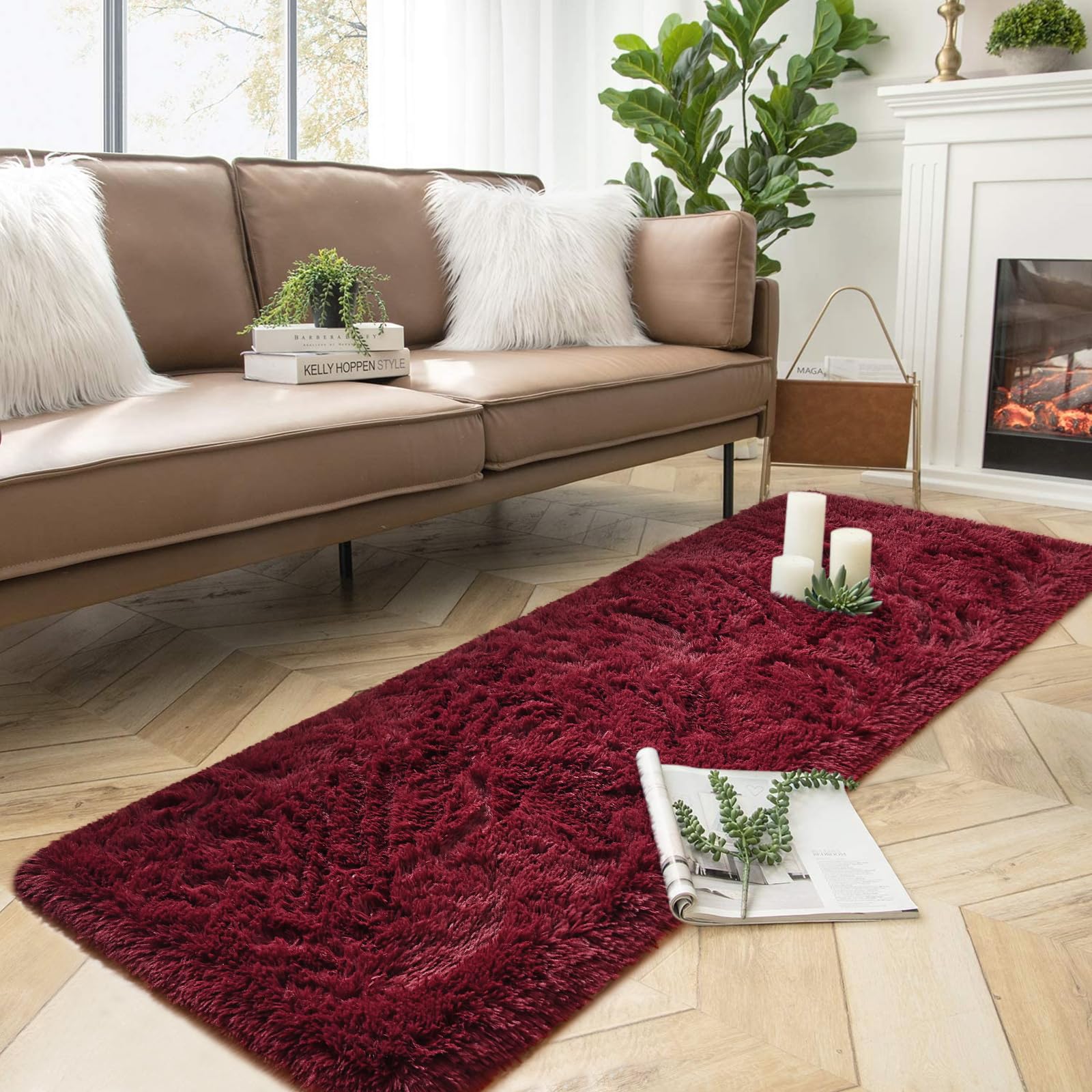 DweIke Soft Bedside Rug for Bedroom, 2x6 ft Plush Fluffy Carpets, Dark Red Living Room Rugs for Girls Kids Room Nursery Home Dec