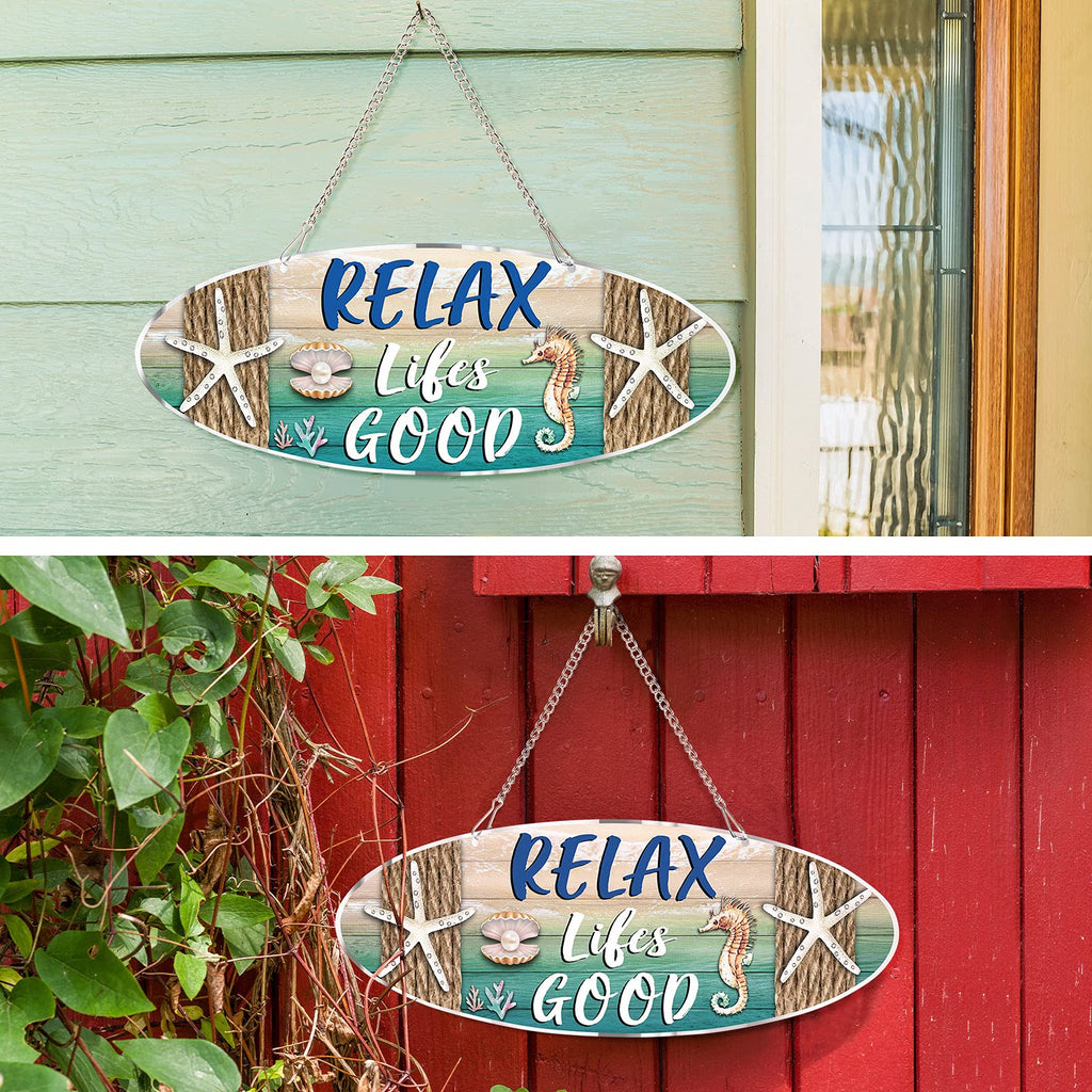 Hanging Beach Sign D  Cor, Starfish Wall D  Cor, Beach Plaque For Door With Sea Horse And Scallop, 12 X 4 Inch