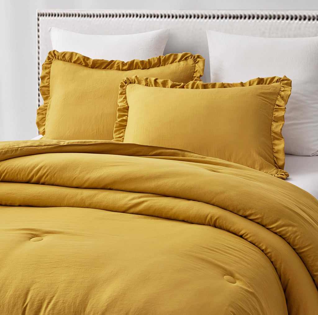 Chezmoi Collection Nora Mustard Yellow Comforter Set Full Size 3-Piece Fluffy Soft Lightweight Bedding Ruffled Edge Trim Stone-W