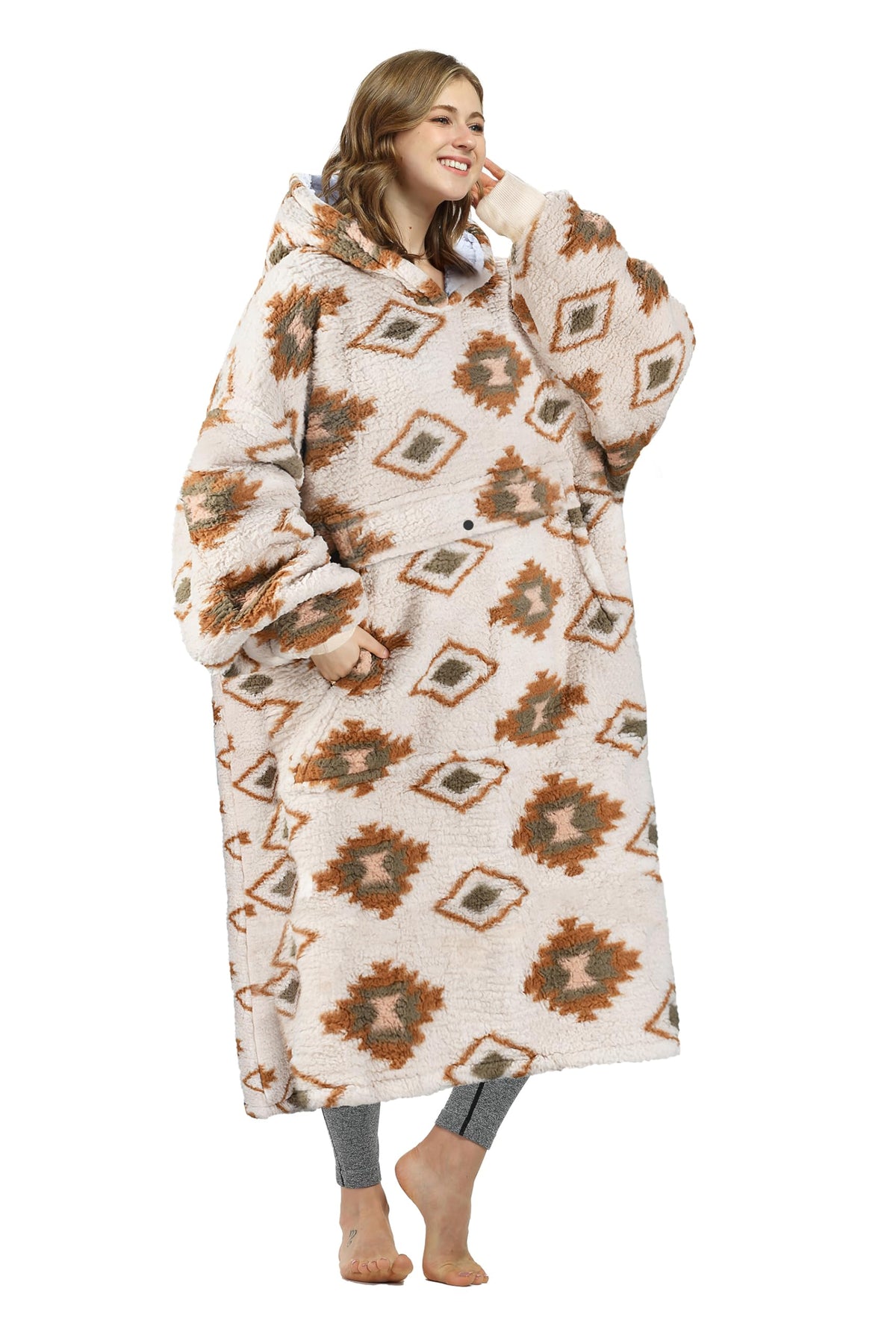 Catalonia Southwestern Aztec Oversized Blanket Hoodie Sweatshirt, Full Body Comfortable Sherpa Lounging Pullover For Adults, Gif