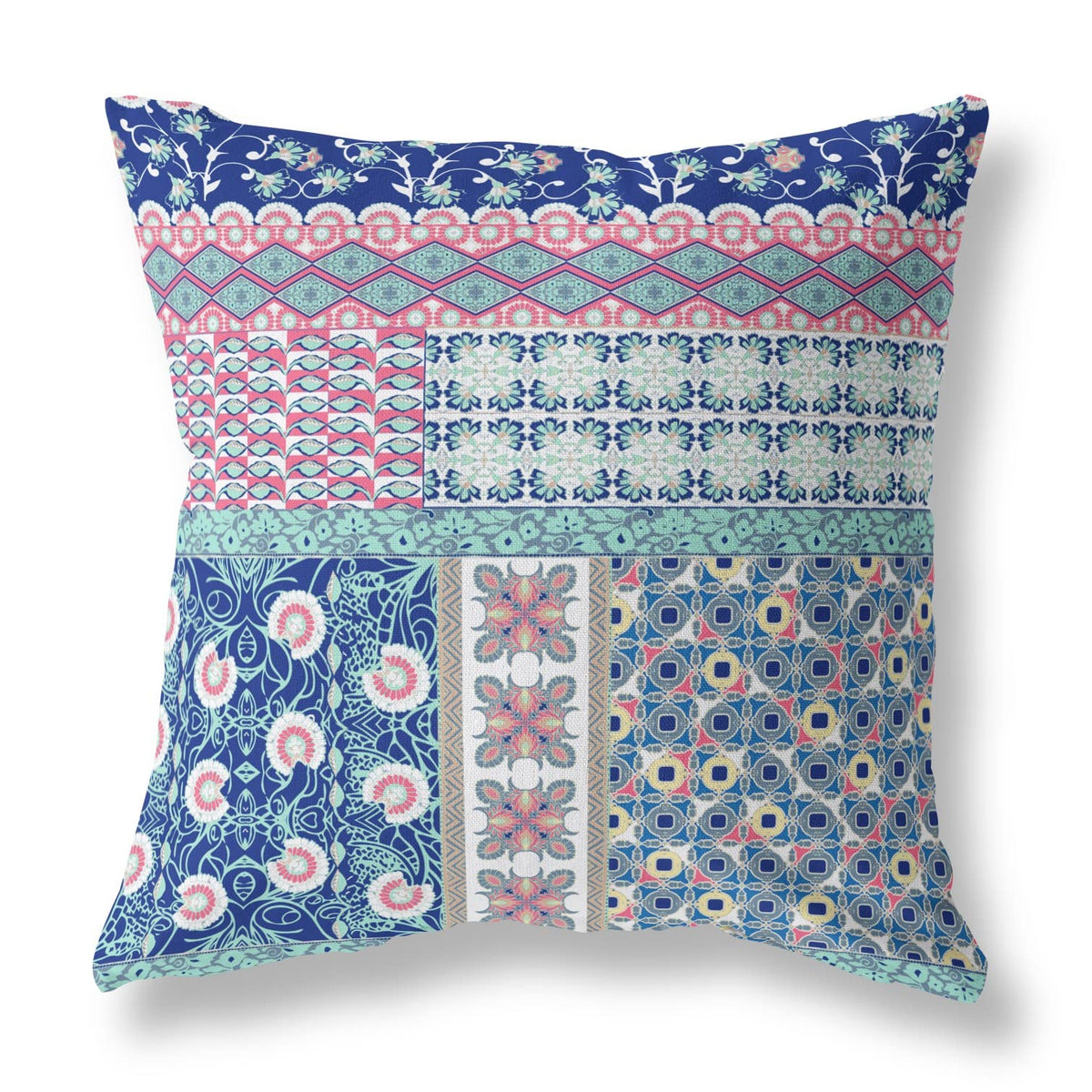 HomeRoots Blue and Pink 18â€ Blue Pink Patch Zippered Suede Throw Pillow